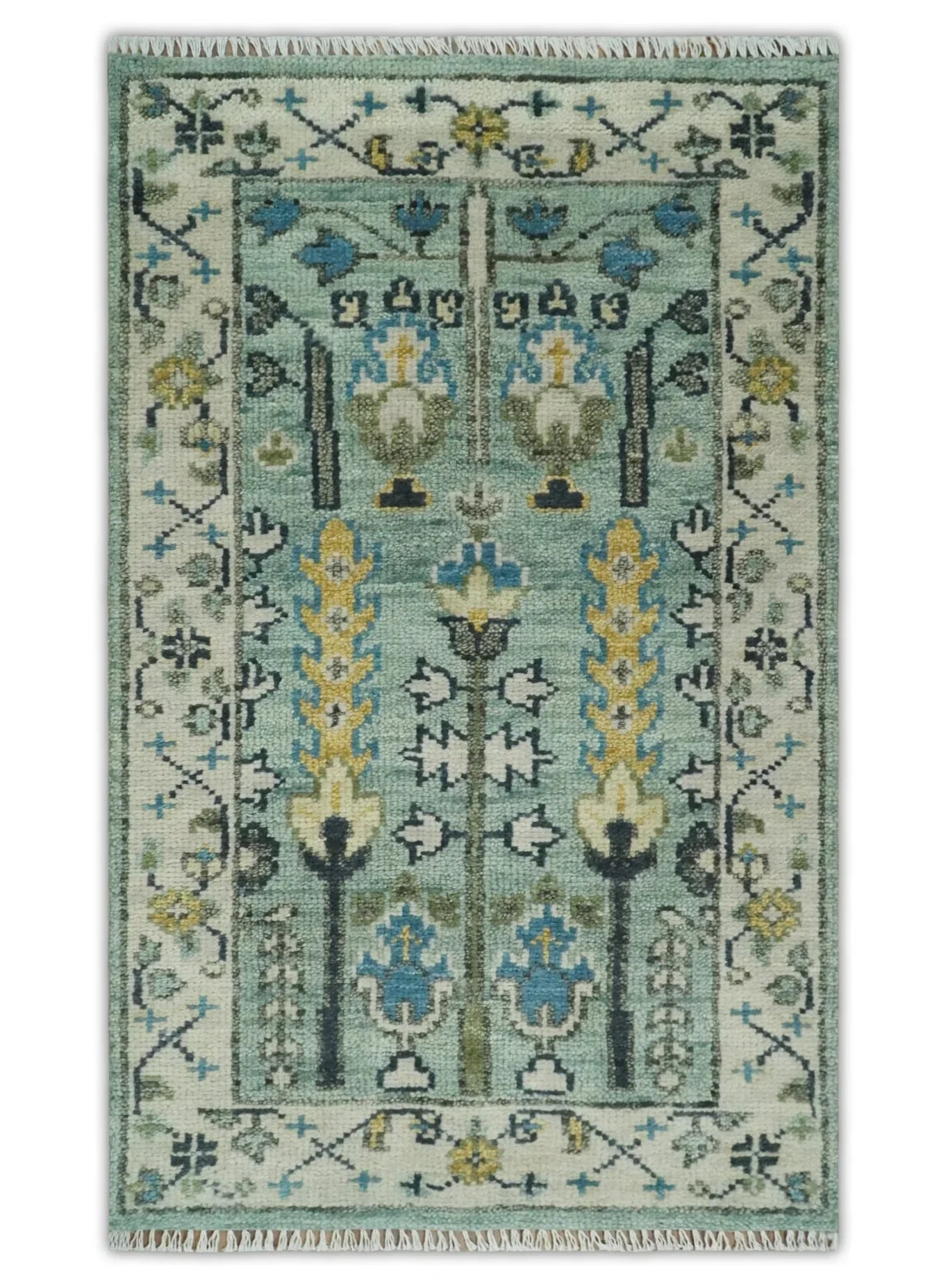 Hand Knotted Traditional Blue and Ivory Antique Oushak Custom Made Wool Area Rug