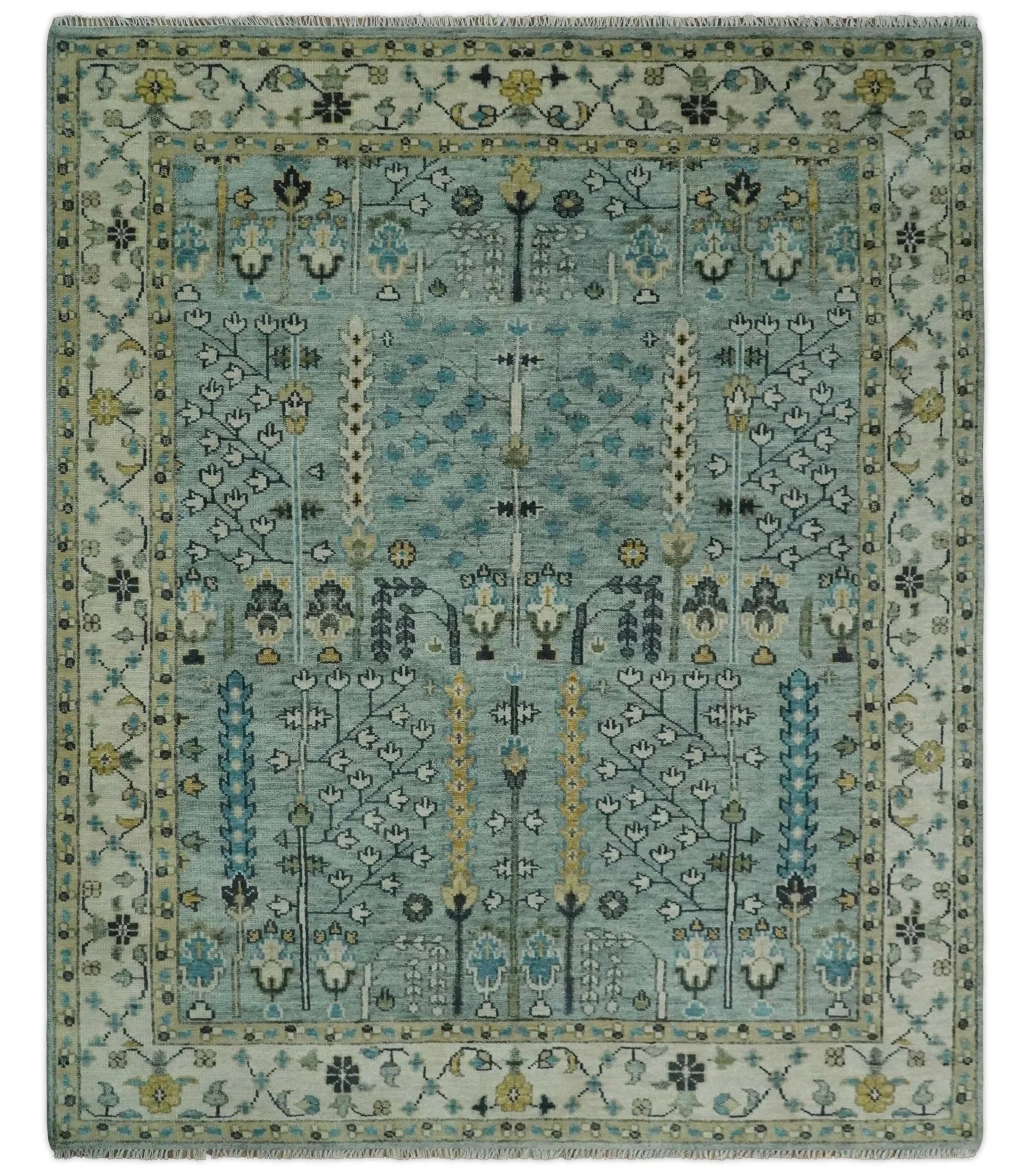 Hand Knotted 8x10, 9x12, 10x14, Wool Traditional Blue and Ivory Vintage Antique Oushak Wool Area Rug | TRDCP563 - The Rug Decor