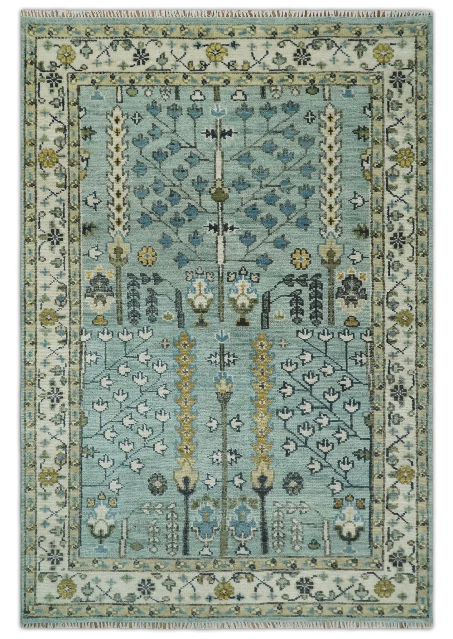 Hand Knotted Traditional Blue and Ivory Antique Oushak Custom Made Wool Area Rug