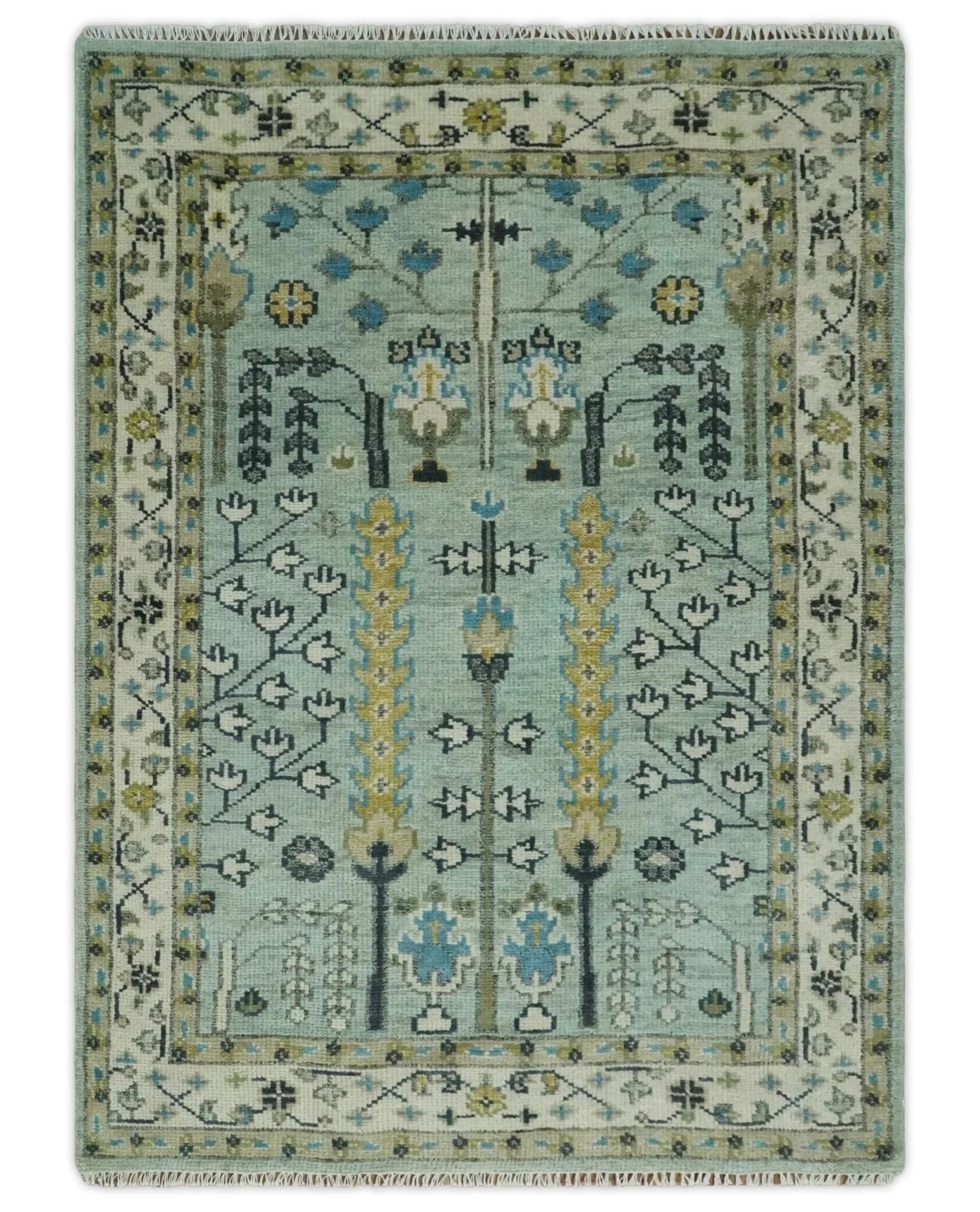 Hand Knotted Traditional Blue and Ivory Antique Oushak Custom Made Wool Area Rug