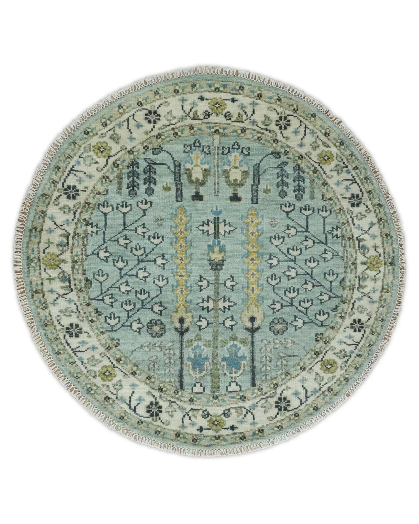 Hand Knotted Traditional Blue and Ivory Antique Oushak Custom Made Wool Area Rug