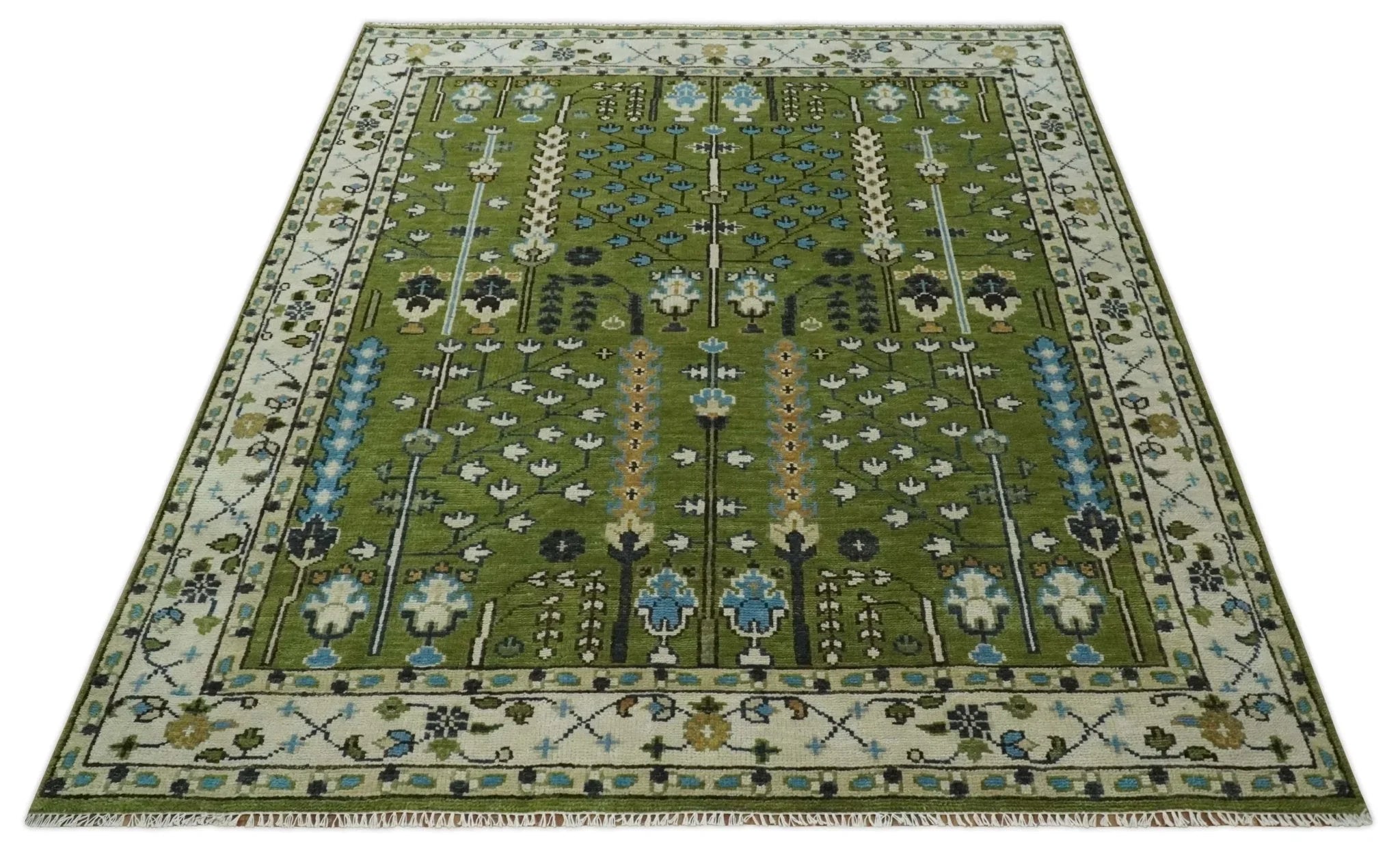 Hand Knotted Royal Green and Ivory Traditional Turkish Style Tree Of Life Multi Size Wool Area Rug - The Mayfair Hall