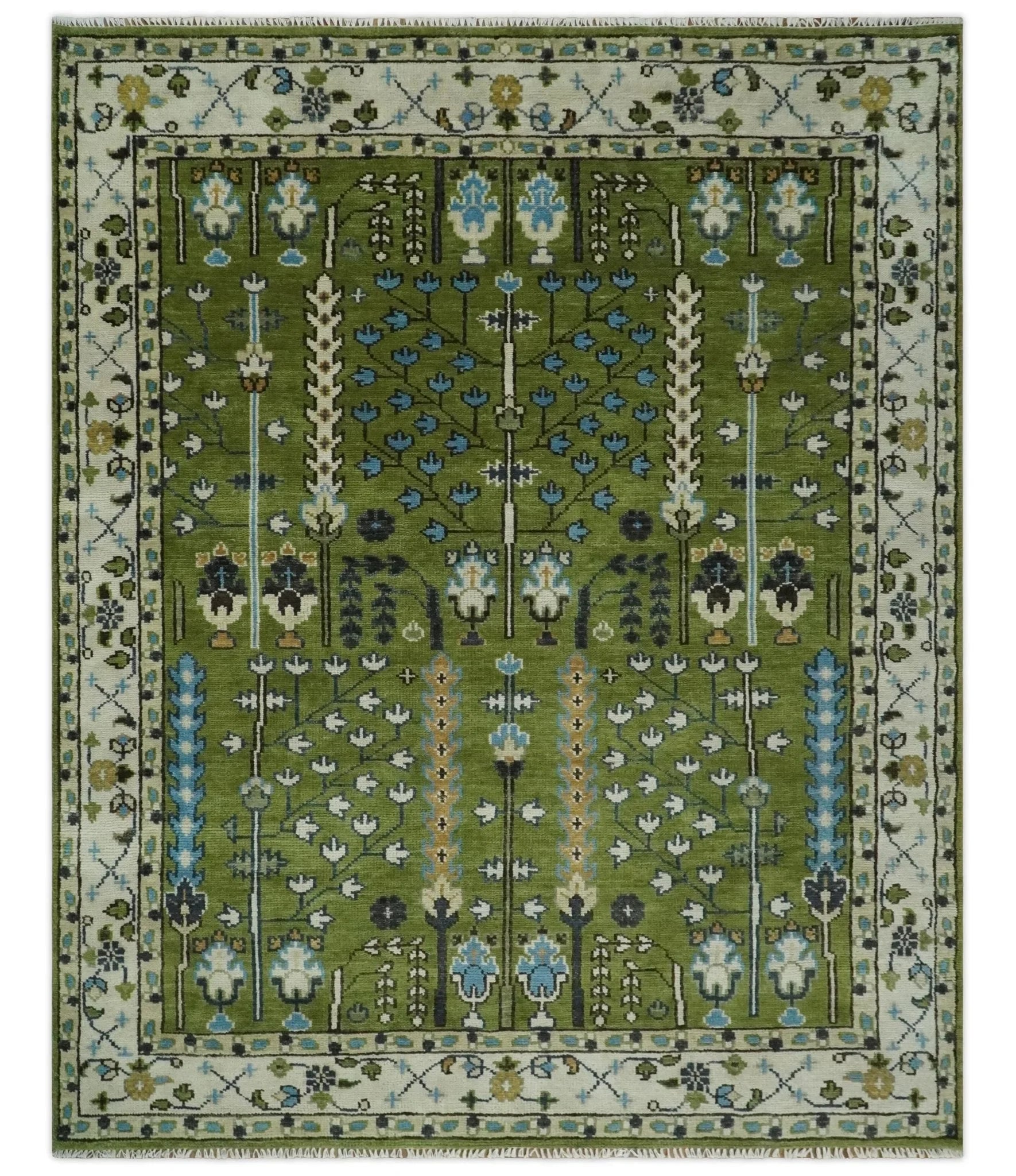 Hand Knotted 8x10, 9x12 Royal Green and Ivory Traditional Turkish Style Tree Of Life Wool Area Rug - The Rug Decor