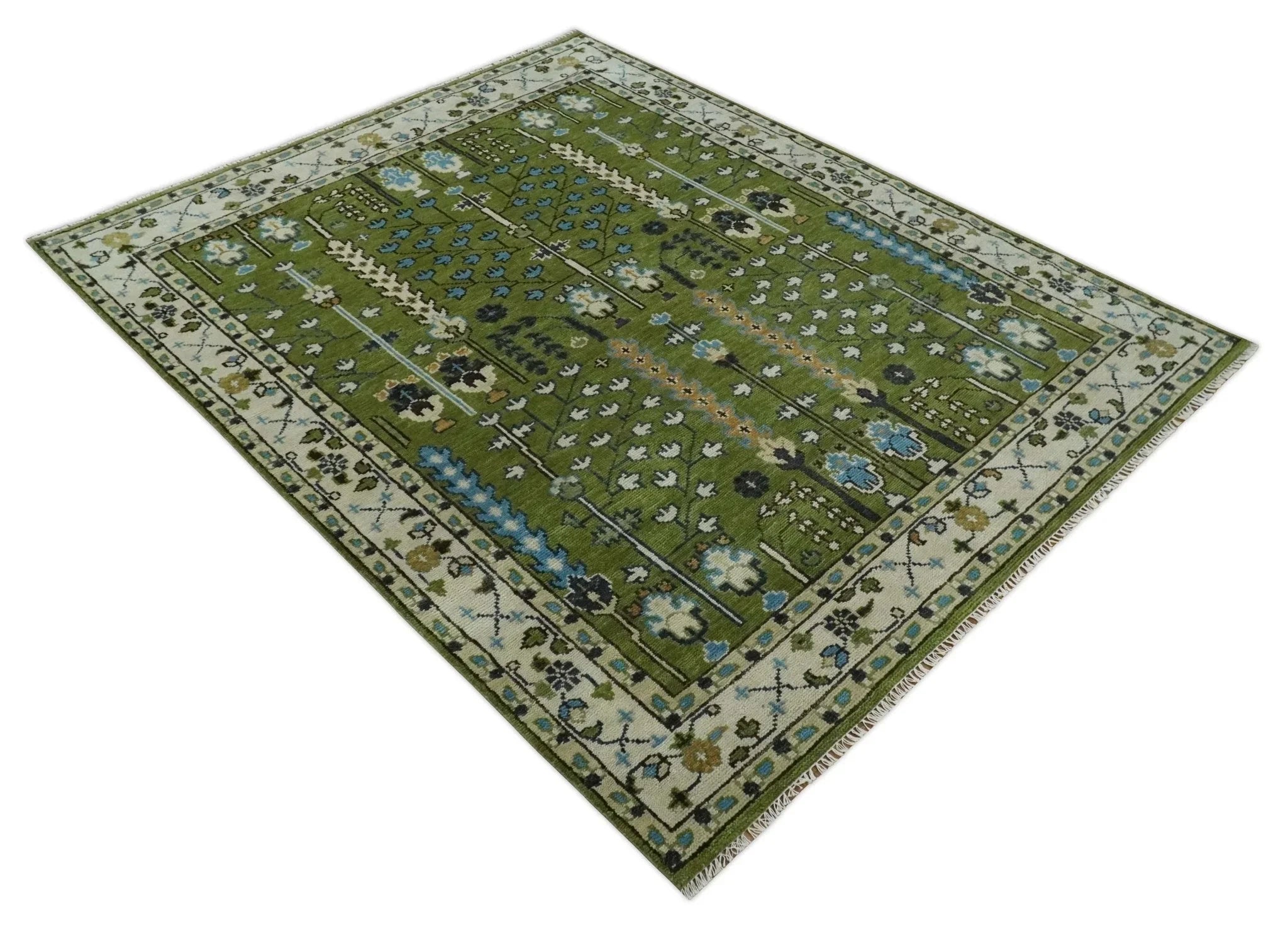 Hand Knotted Royal Green and Ivory Traditional Turkish Style Tree Of Life Multi Size Wool Area Rug - The Mayfair Hall