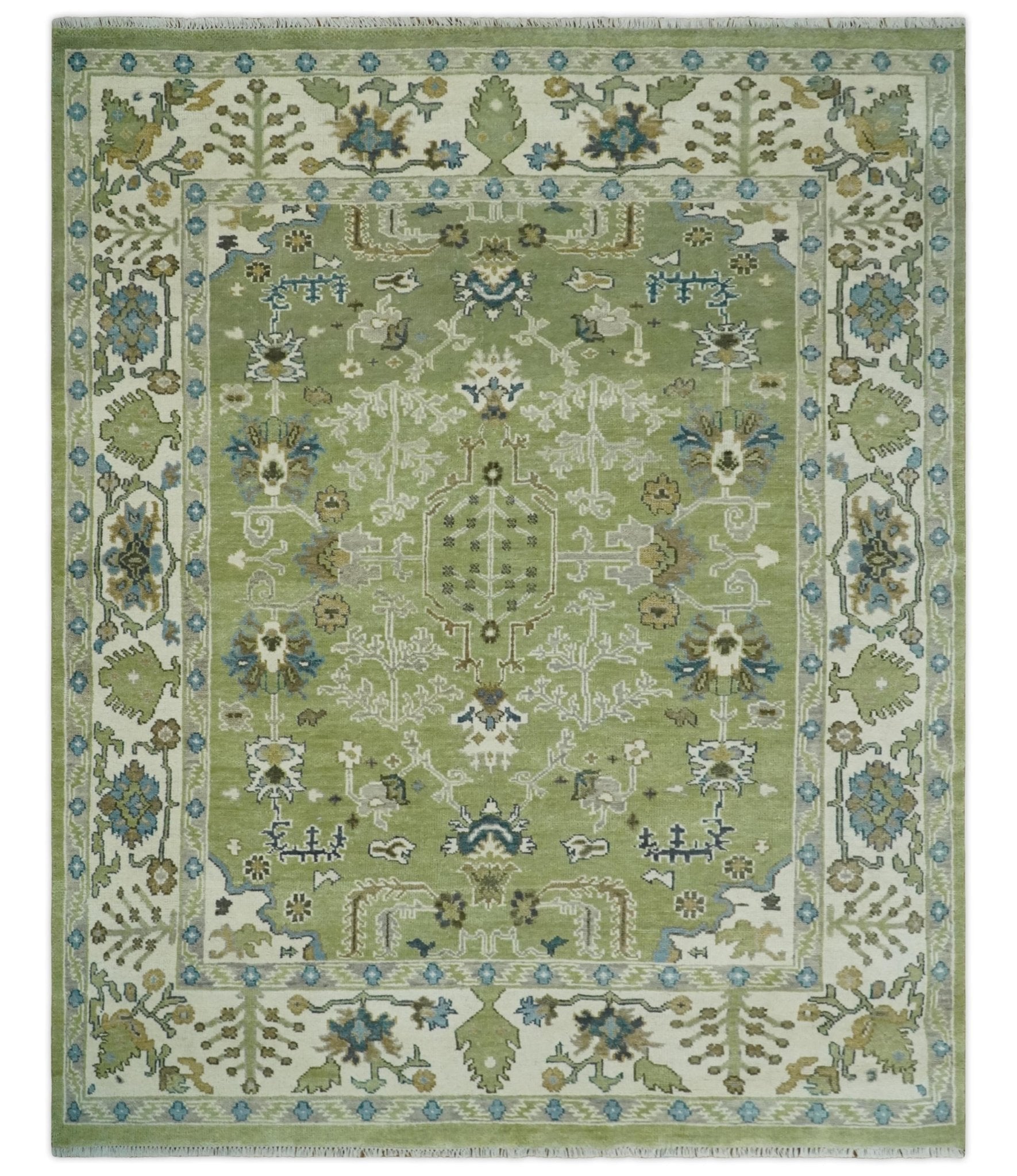 Hand Knotted 8x10 and 10x14 Light Green, Ivory and Silver Traditional Turkish Antique Style Wool Area Rug