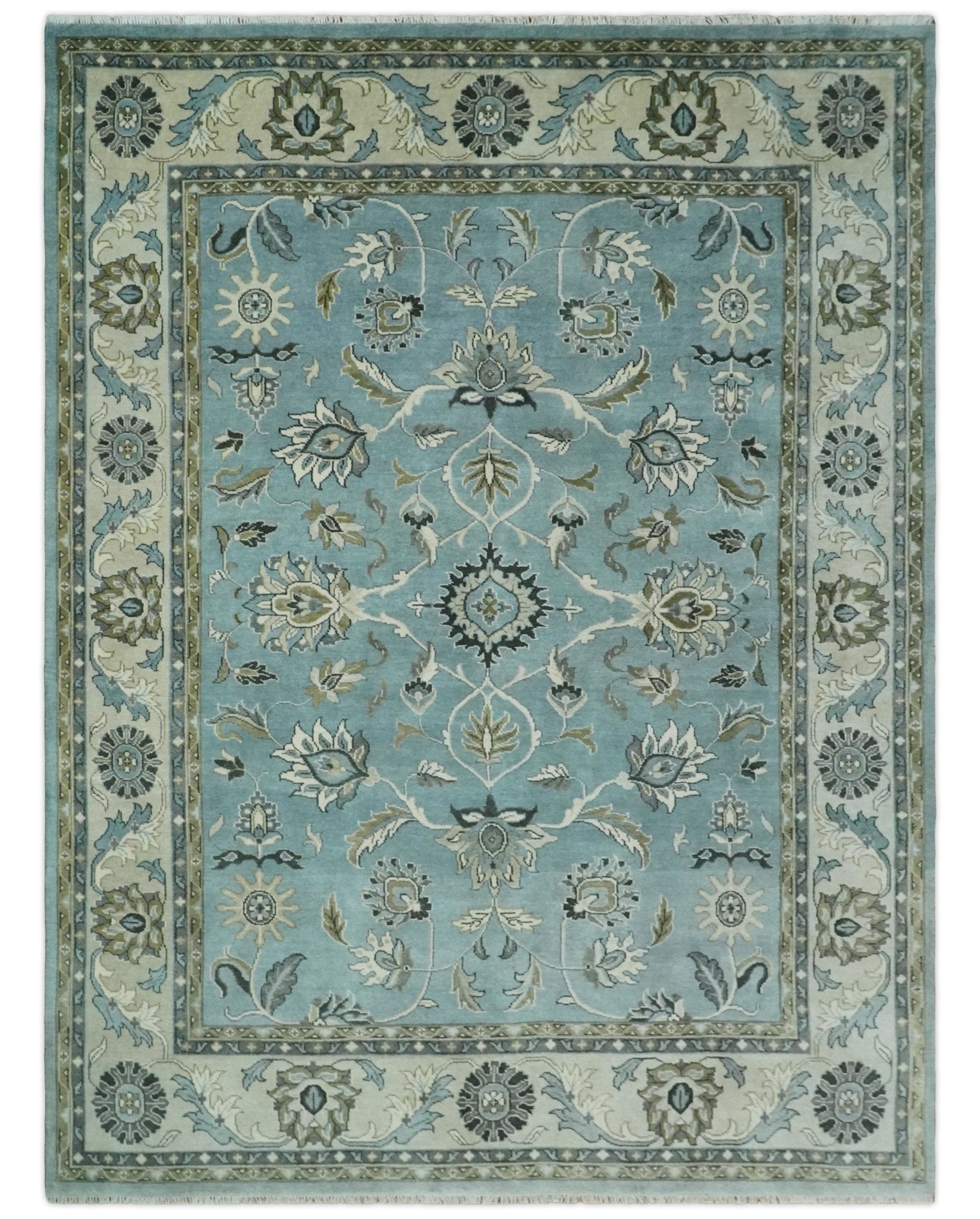 Hand Knotted 9x12 Blue and Ivory Traditional Persian Oushak Wool Rug | TRDCP908912