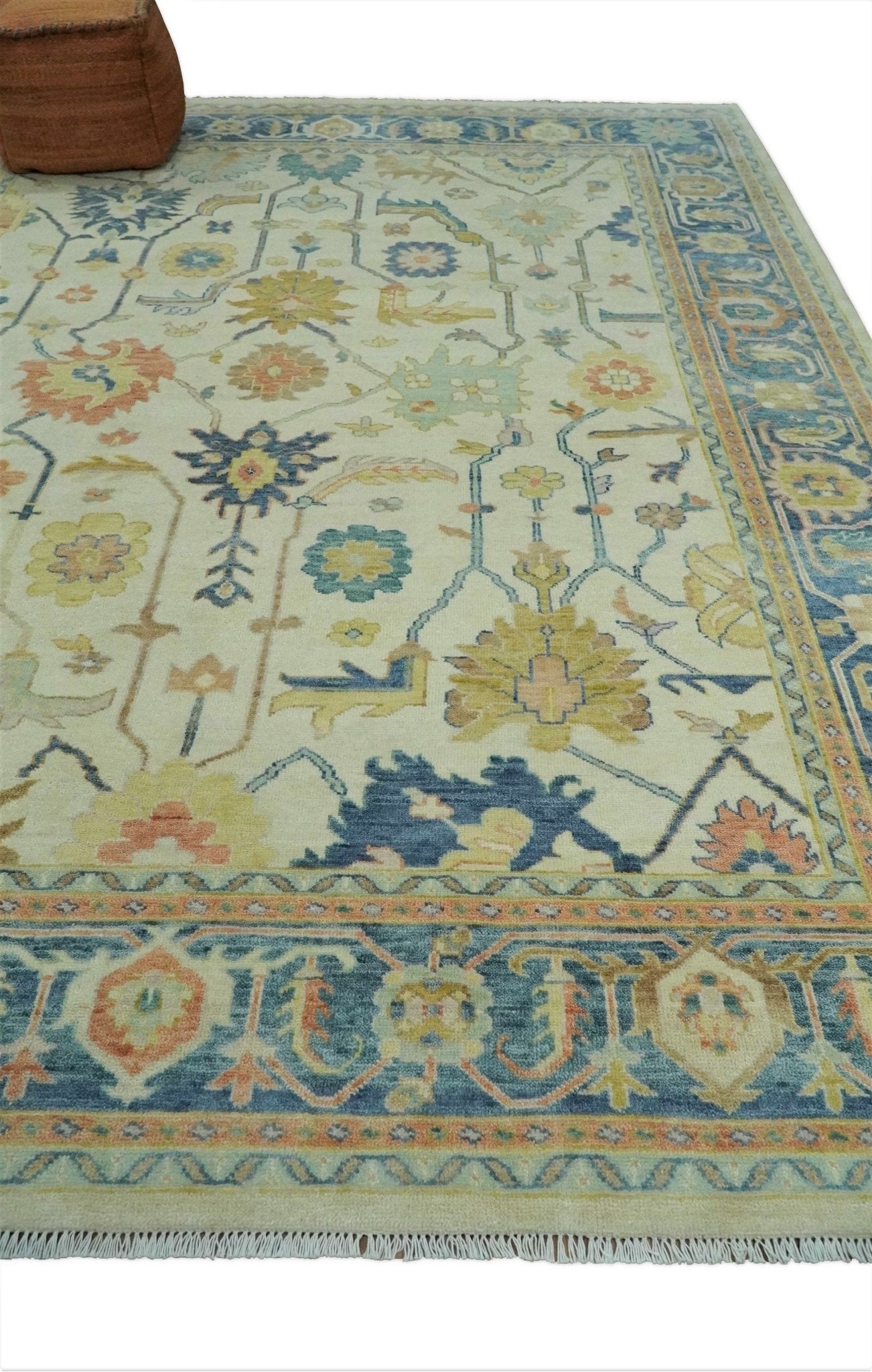 Hand Knotted 9x12 Ivory and Blue Traditional Vintage Persian Style Wool Rug | TRDCP812912