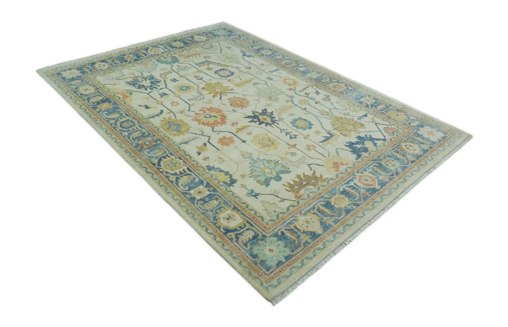 Hand Knotted 9x12 Ivory and Blue Traditional Vintage Persian Style Wool Rug | TRDCP812912