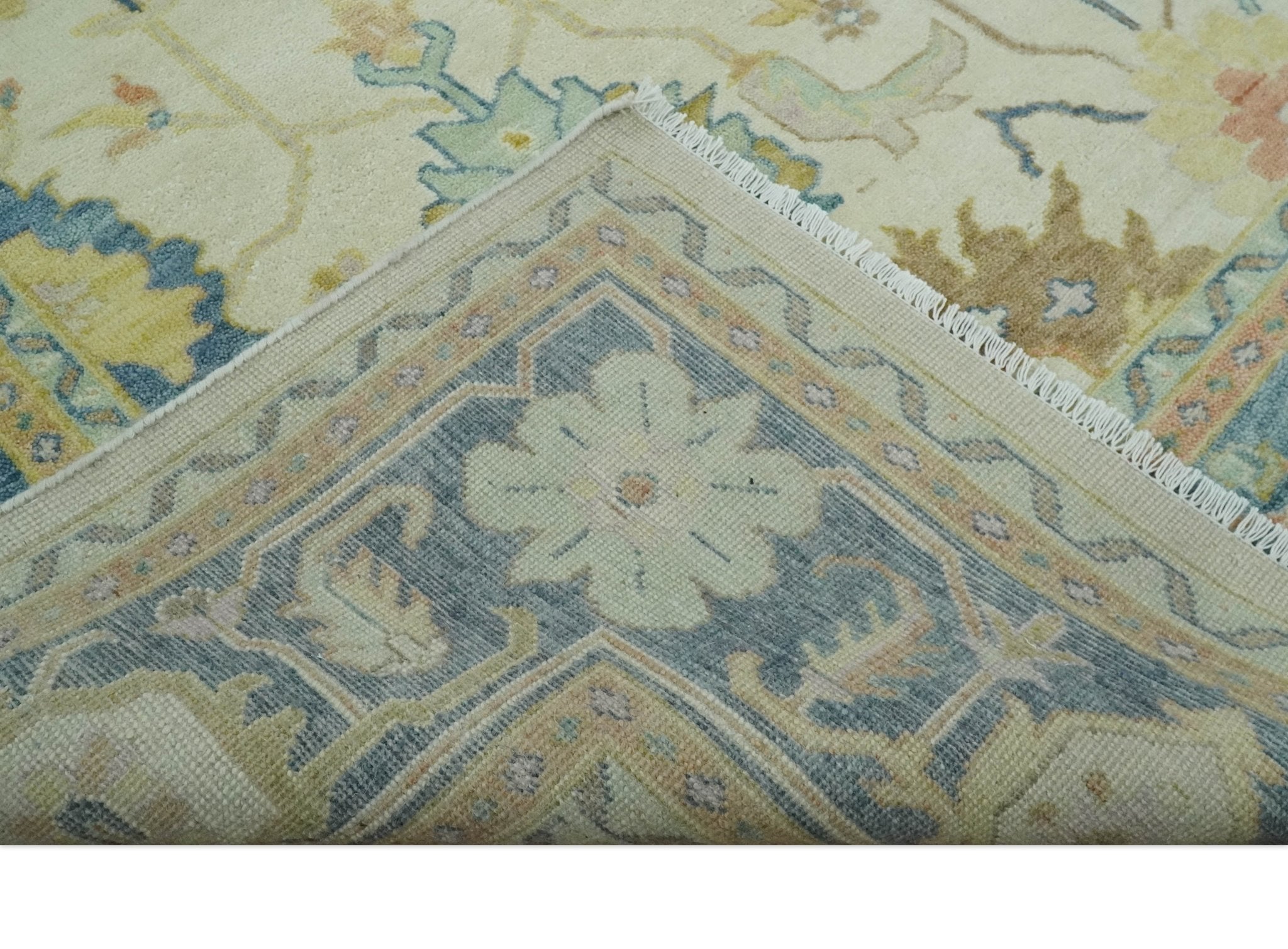 Hand Knotted 9x12 Ivory and Blue Traditional Vintage Persian Style Wool Rug | TRDCP812912