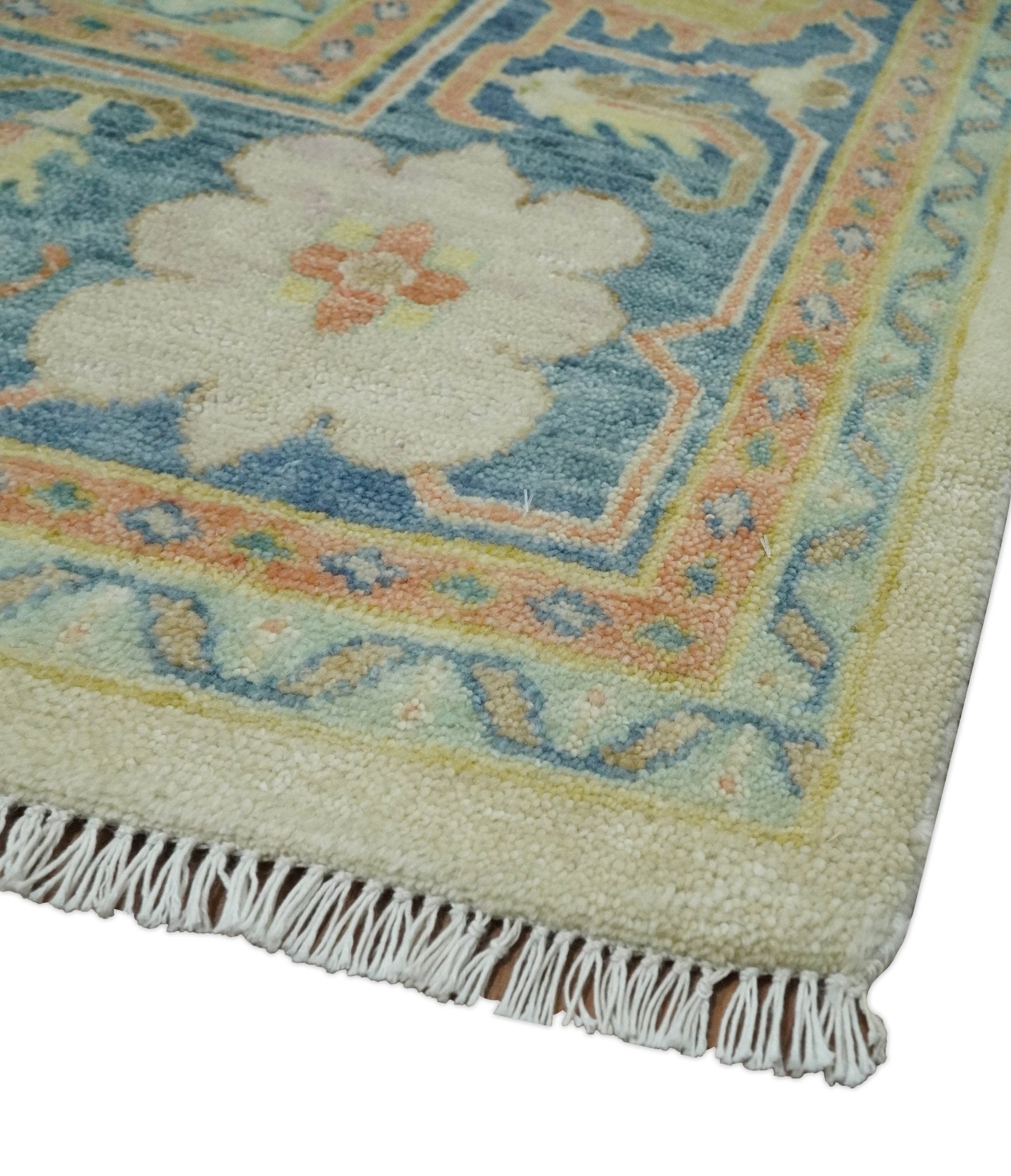 Hand Knotted 9x12 Ivory and Blue Traditional Vintage Persian Style Wool Rug | TRDCP812912