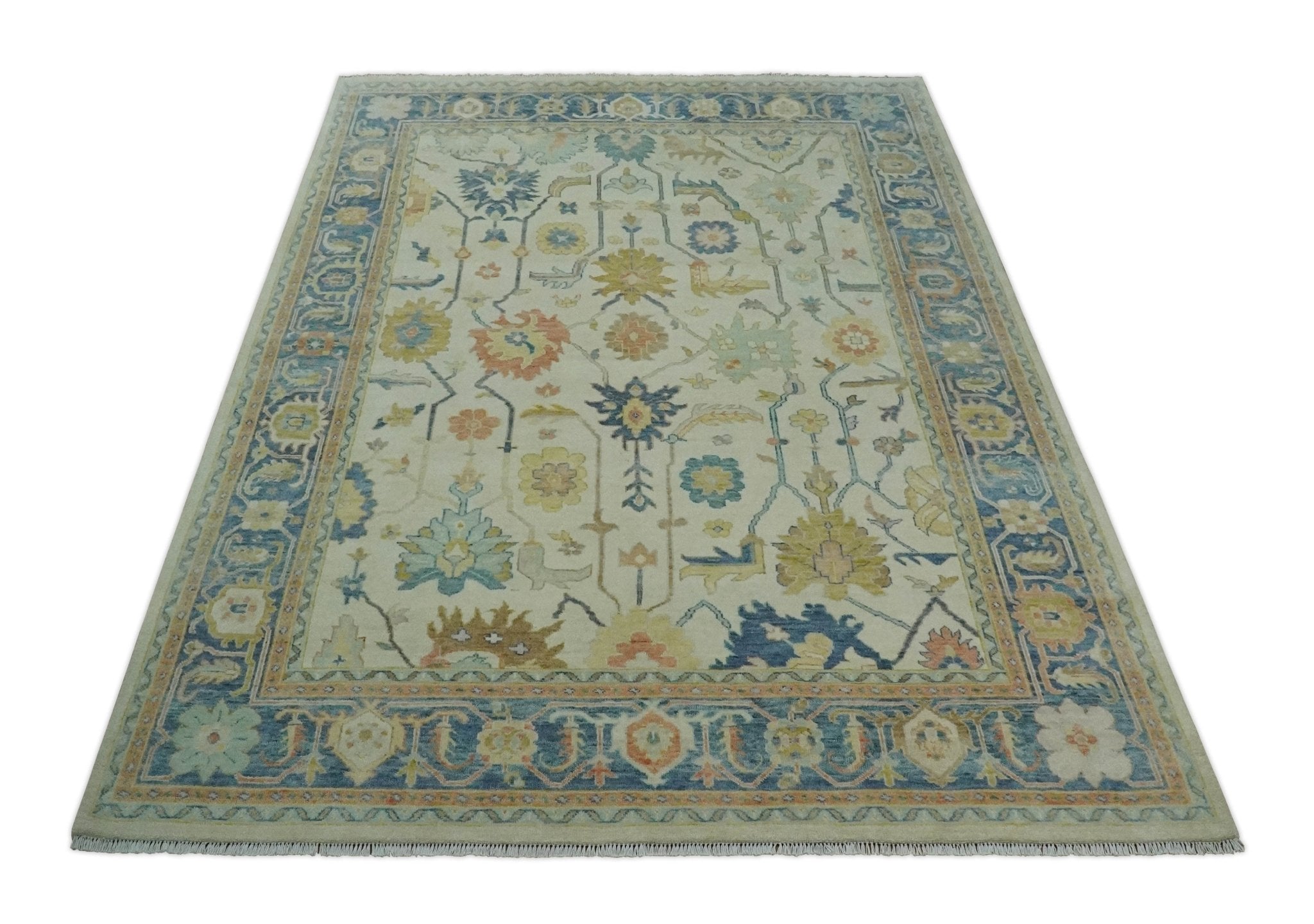 Hand Knotted 9x12 Ivory and Blue Traditional Vintage Persian Style Wool Rug | TRDCP812912