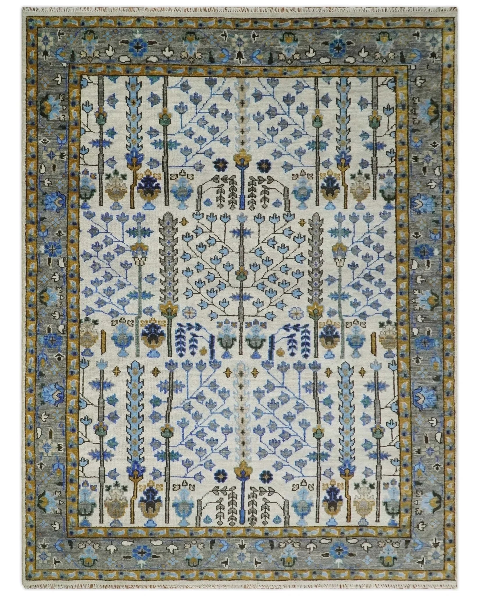 Hand Knotted Antique Ivory, Blue and Gray Traditional Persian Vintage Oushak Wool Rug | TRDCP708 - The Rug Decor