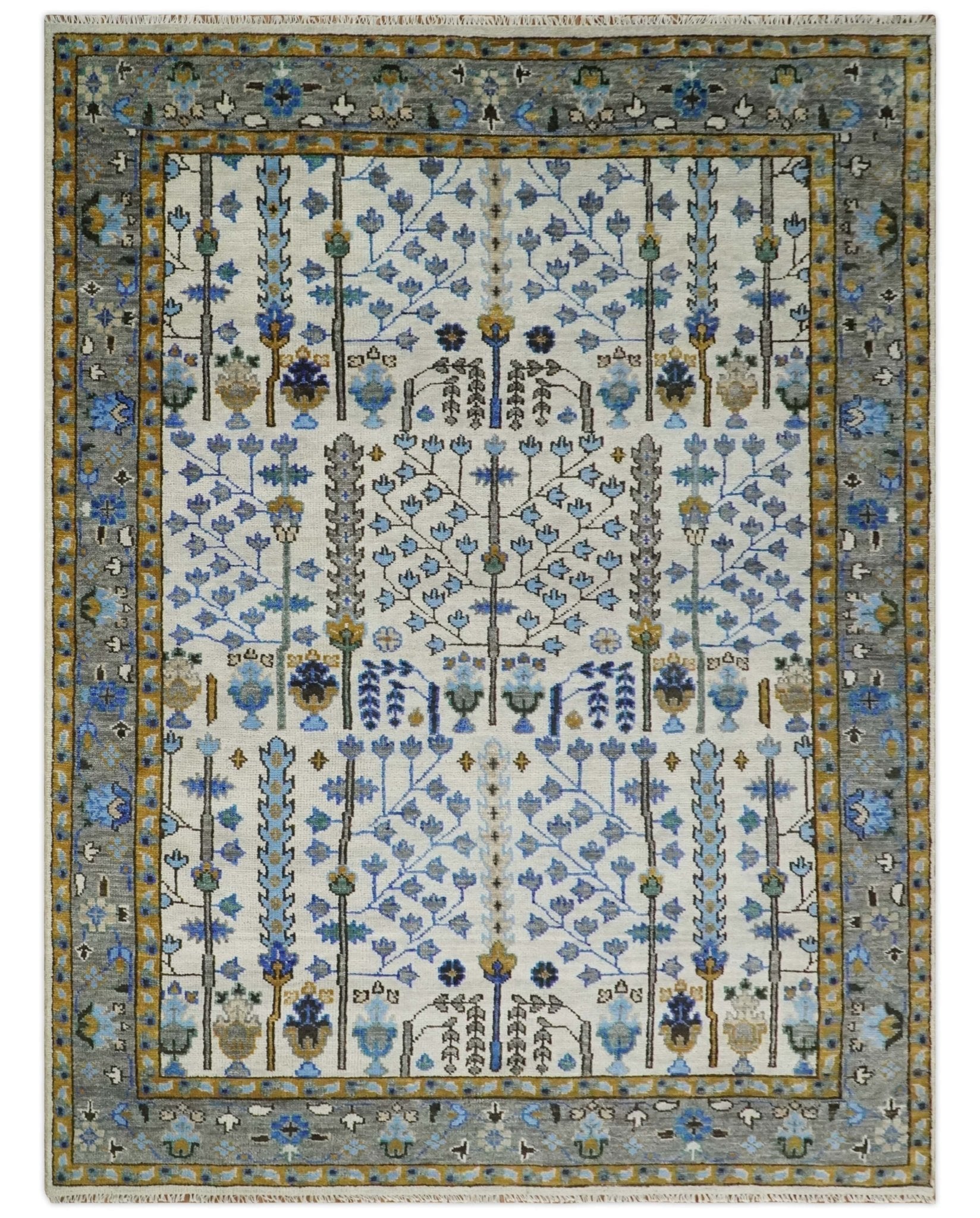 Custom Made Tree of life Hand Knotted Antique Ivory, Blue and Gray Wool area Rug