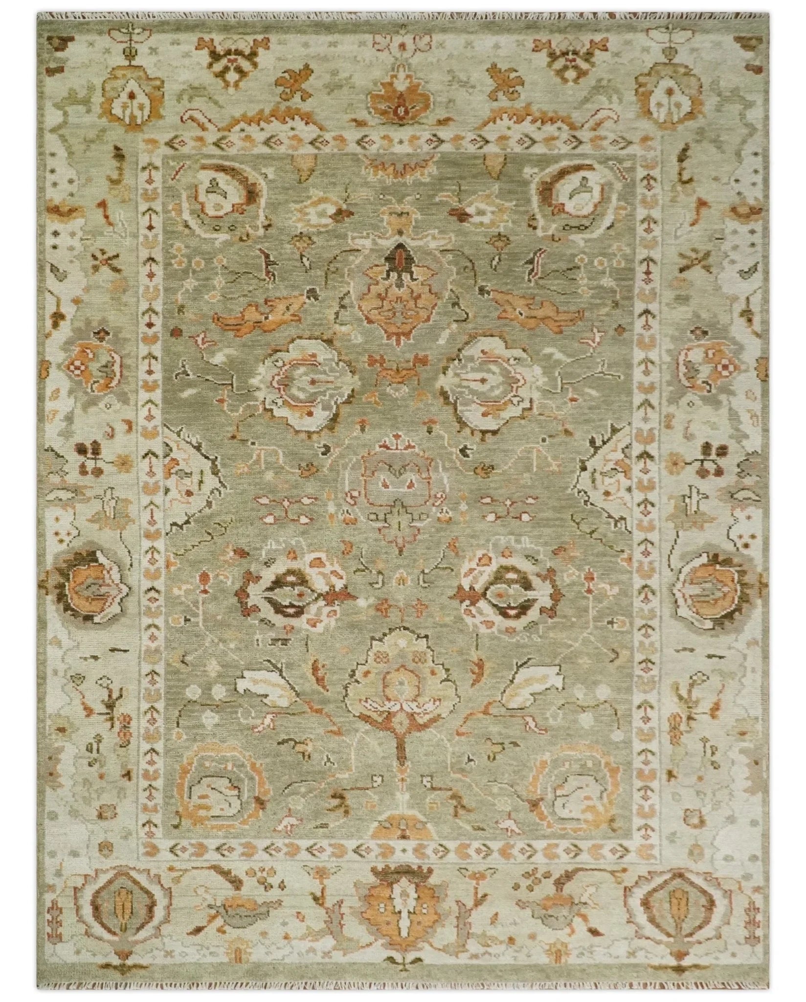 Hand Knotted Antique Moss Brown and Beige Traditional Persian Vintage Oushak Wool Rug | TRDCP707 - The Rug Decor
