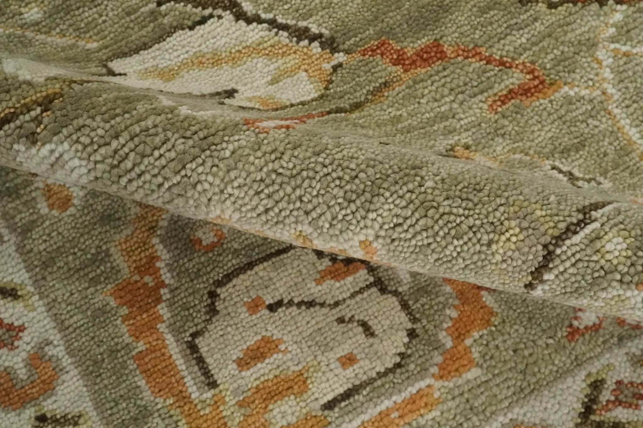 Hand Knotted Antique Moss Brown and Beige Traditional Persian Vintage Oushak Wool Rug | TRDCP707 - The Rug Decor