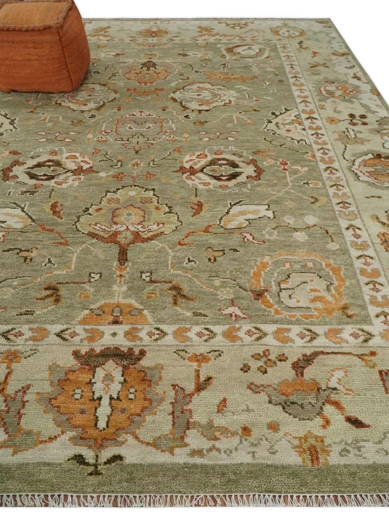 Hand Knotted Antique Moss Brown and Beige Traditional Persian Vintage Oushak Wool Rug | TRDCP707 - The Rug Decor