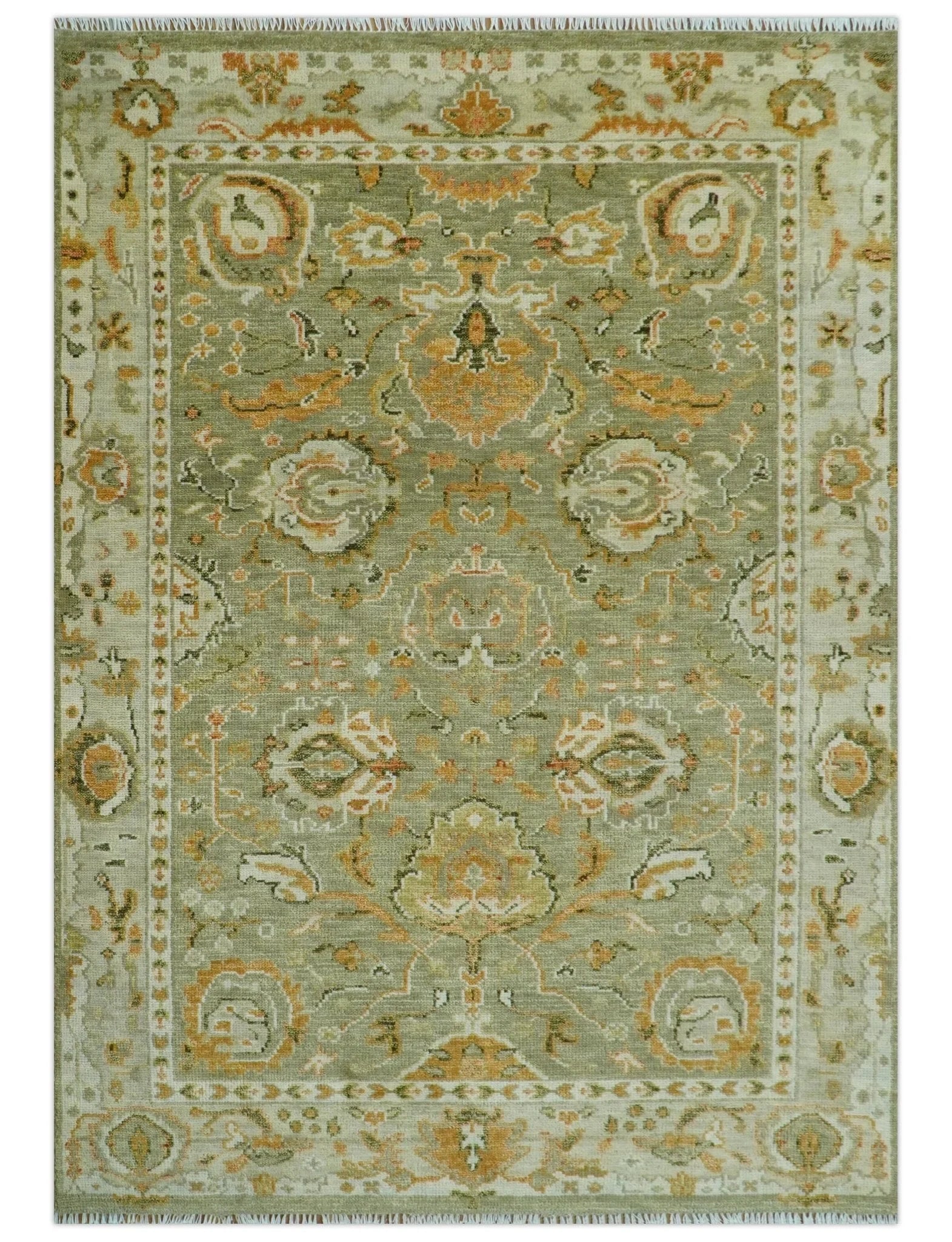 Hand Knotted Antique Olive and Ivory Traditional Persian Vintage Oushak Wool Rug | TRDCP707 - The Rug Decor