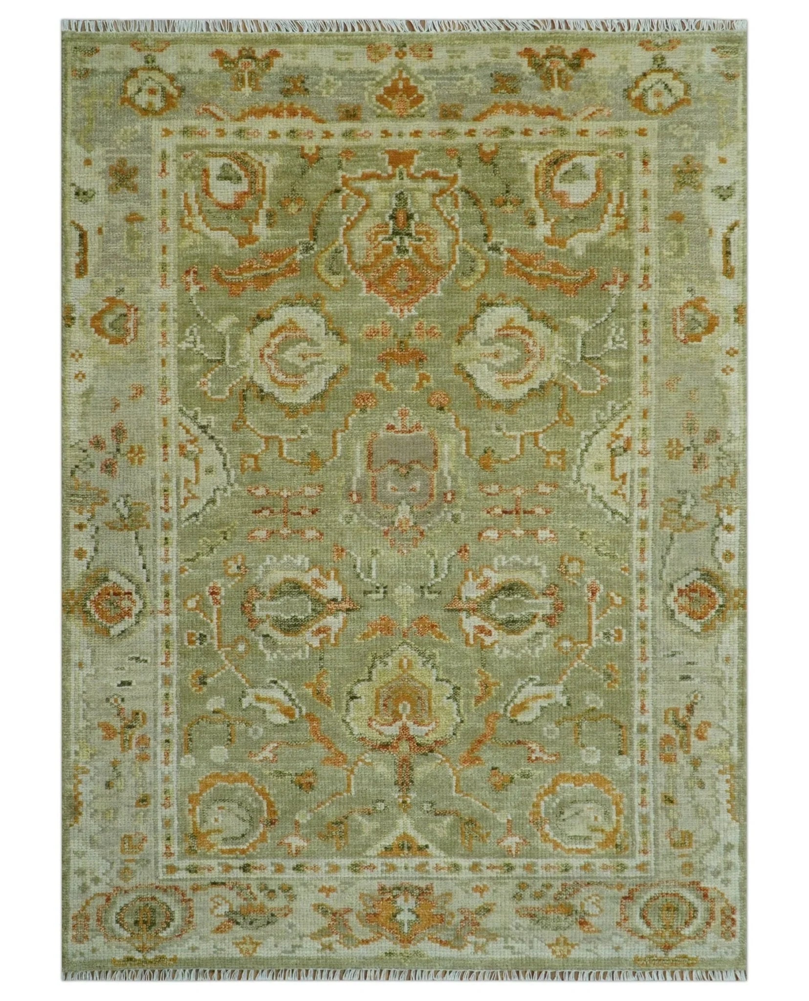 Hand Knotted Antique Olive and Ivory Traditional Persian Vintage Oushak Wool Rug | TRDCP707 - The Rug Decor