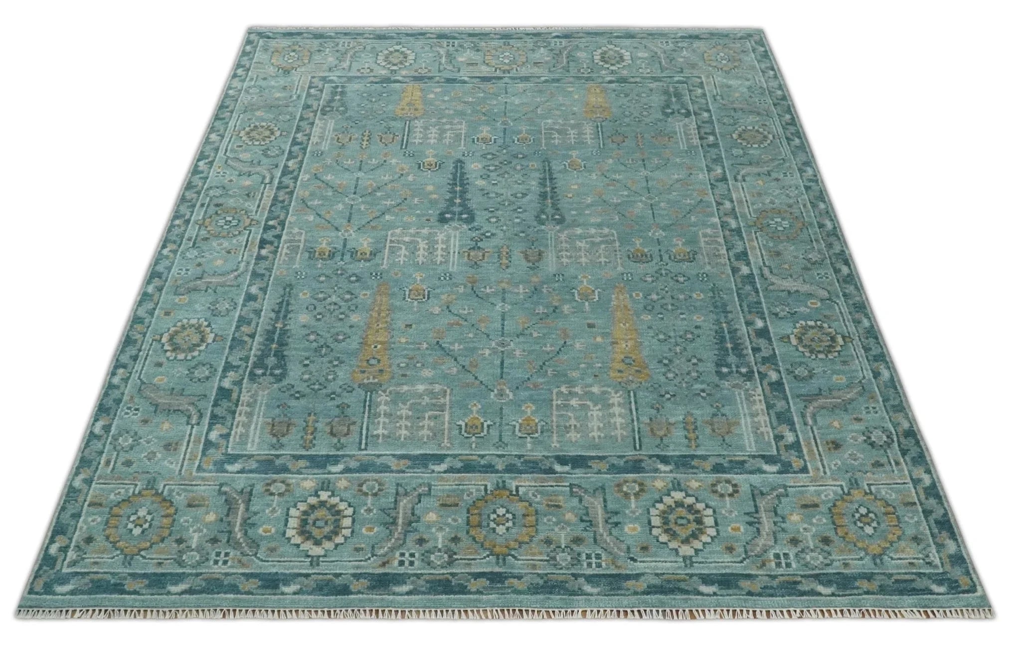 Hand Knotted Aqua and Beige Multi Size Traditional Turkish Tree of Life Wool Rug - The Rug Decor