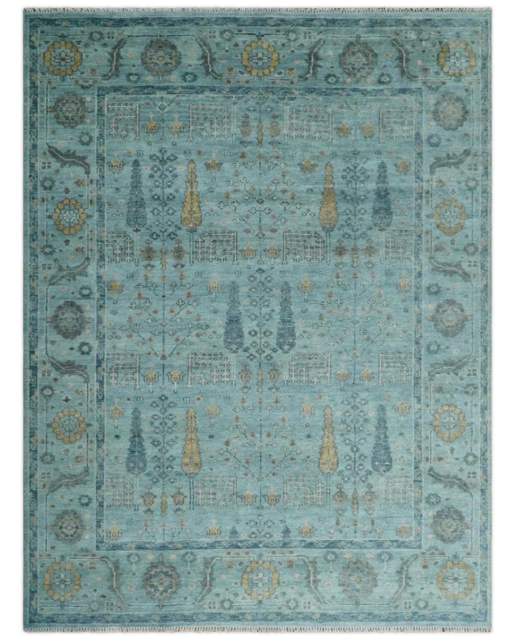 Hand Knotted Aqua and Beige Multi Size Traditional Turkish Tree of Life Wool Rug - The Rug Decor