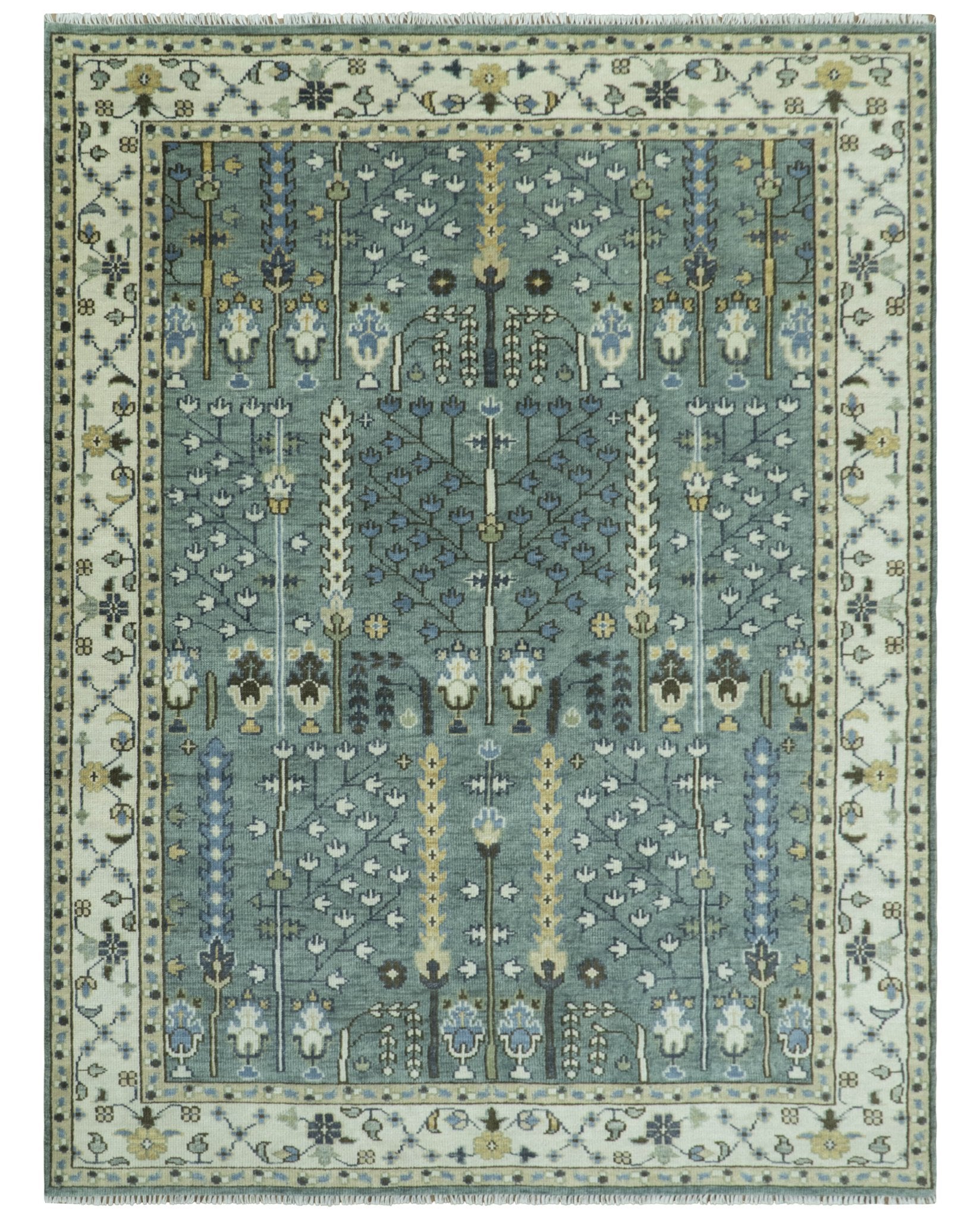 Hand Knotted Aqua Green and Ivory Traditional Turkish Vintage Style Multi Size Wool Area Rug - The Rug Decor