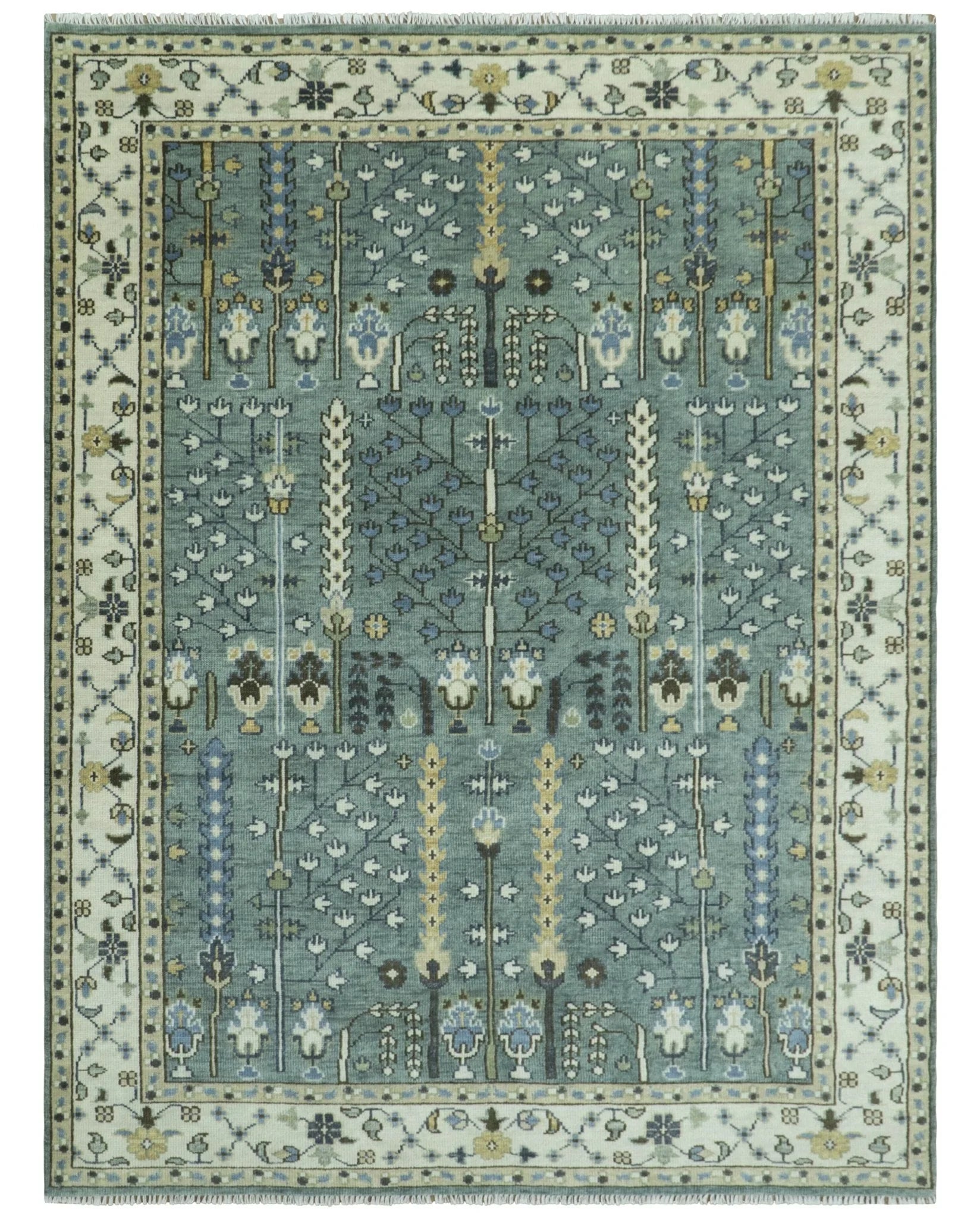 Hand Knotted Aqua Green and Ivory Traditional Turkish Vintage Style Multi Size Wool Area Rug - The Rug Decor
