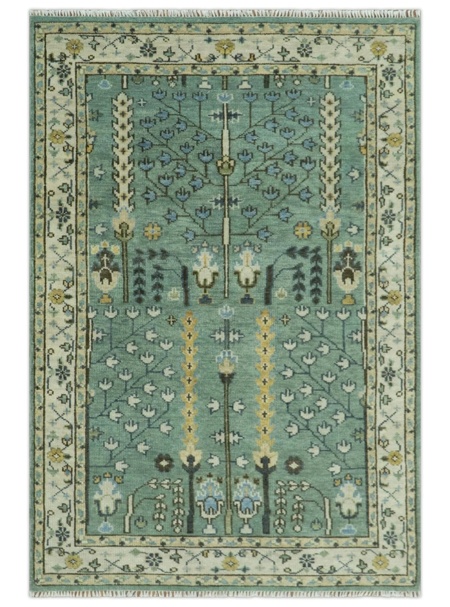 Hand Knotted Aqua Green and Ivory Traditional Turkish Vintage Style Multi Size Wool Area Rug - The Rug Decor
