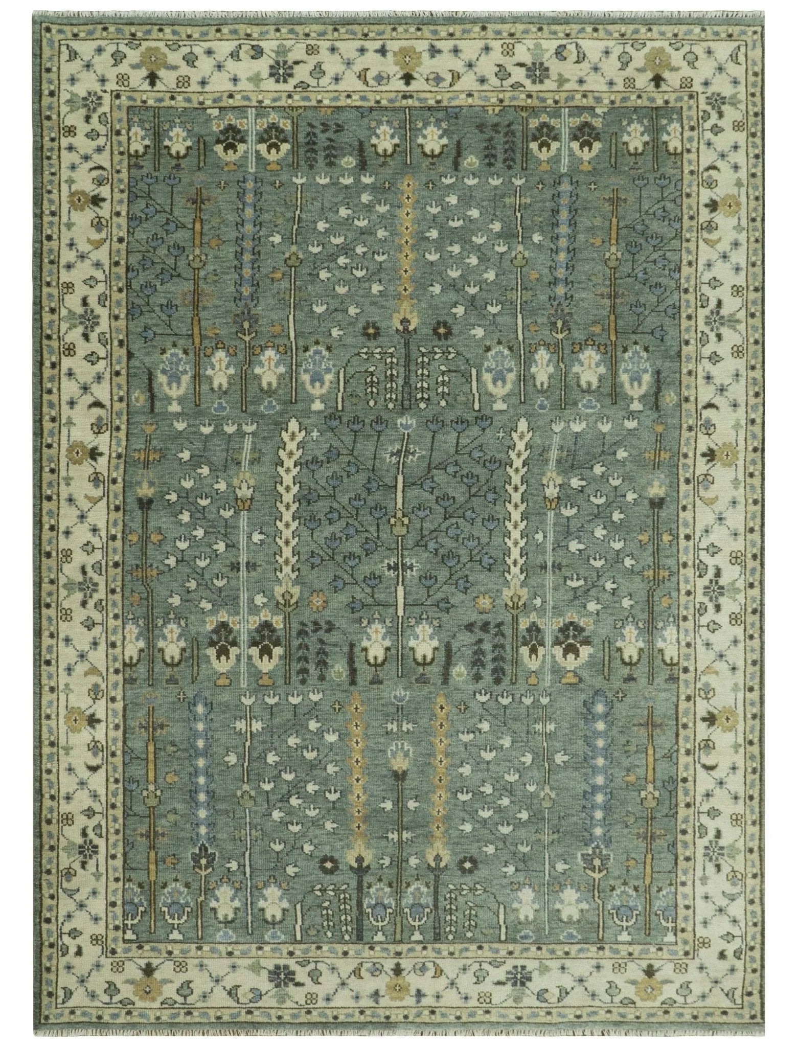 Hand Knotted Aqua Green and Ivory Traditional Turkish Vintage Style Multi Size Wool Area Rug - The Rug Decor