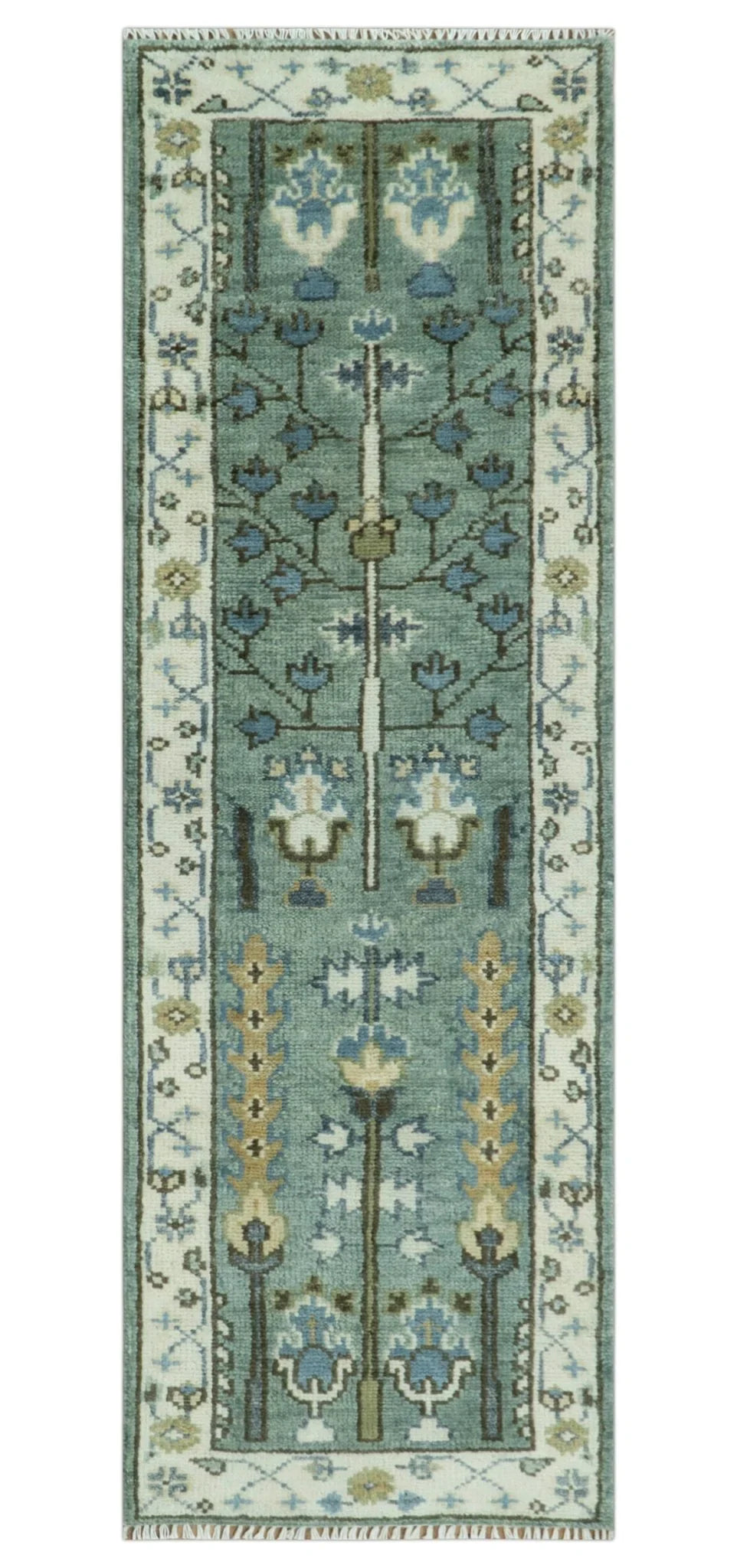 Hand Knotted Aqua Green and Ivory Traditional Turkish Vintage Style Multi Size Wool Area Rug - The Rug Decor