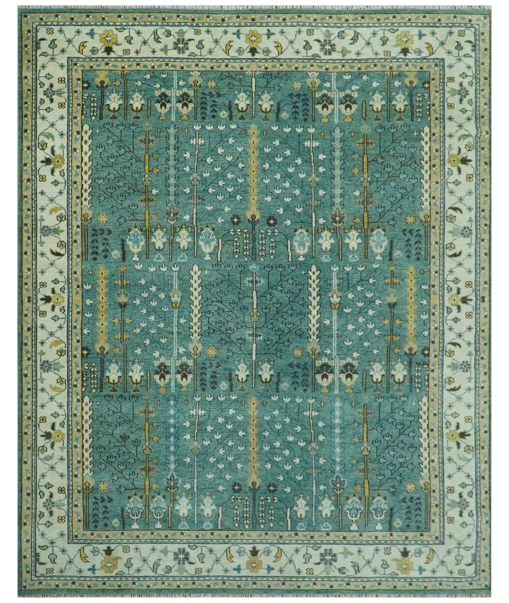 Hand Knotted Aqua Green and Ivory Traditional Turkish Vintage Style Multi Size Wool Area Rug - The Rug Decor