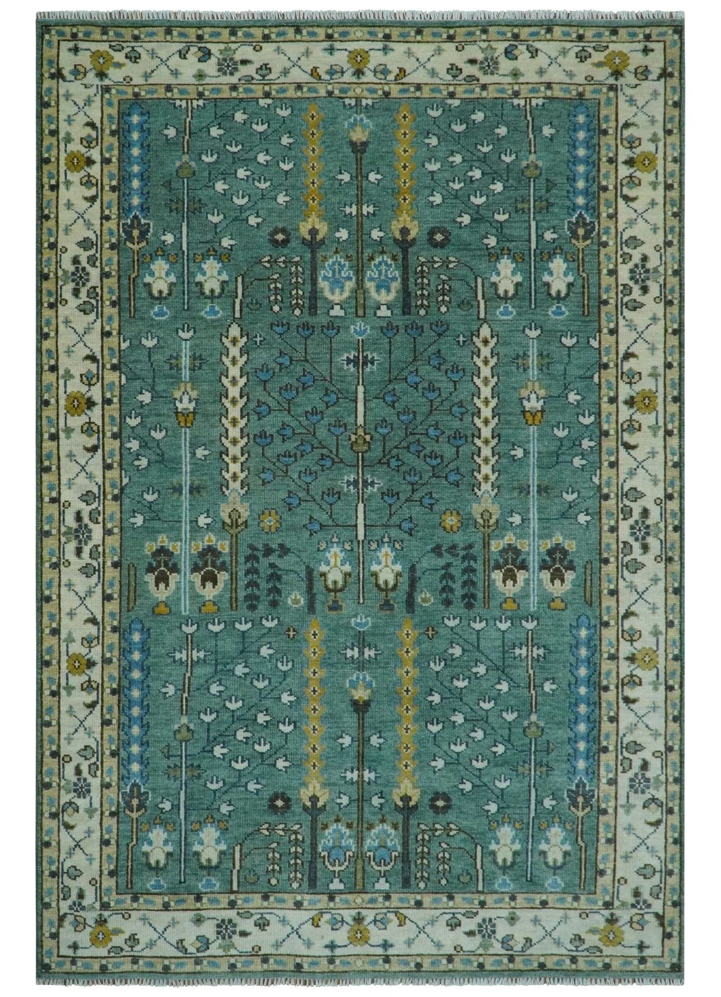 Hand Knotted Aqua Green and Ivory Traditional Turkish Vintage Style Multi Size Wool Area Rug - The Rug Decor