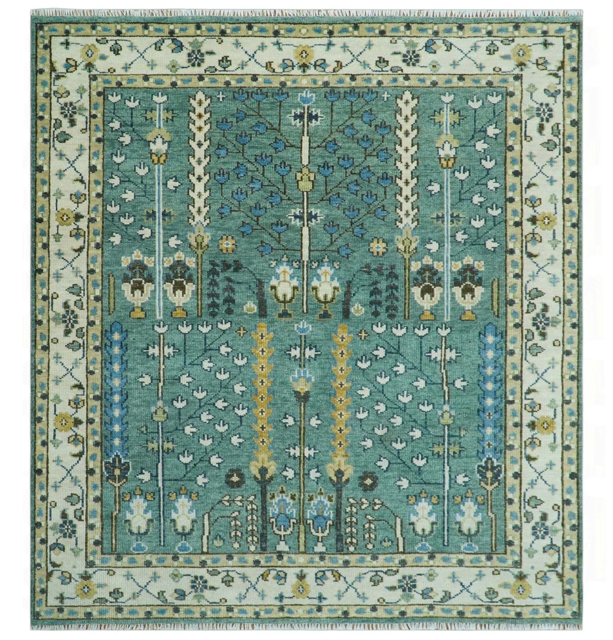 Hand Knotted Aqua Green and Ivory Traditional Turkish Vintage Style Multi Size Wool Area Rug - The Rug Decor