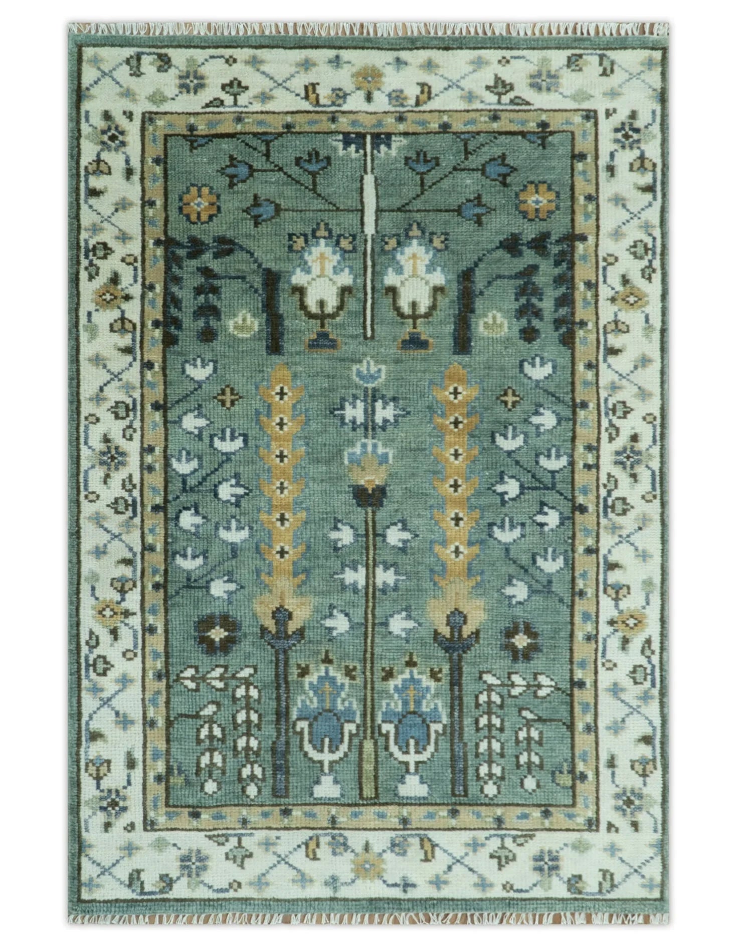 Hand Knotted Aqua Green and Ivory Traditional Turkish Vintage Style Multi Size Wool Area Rug - The Rug Decor