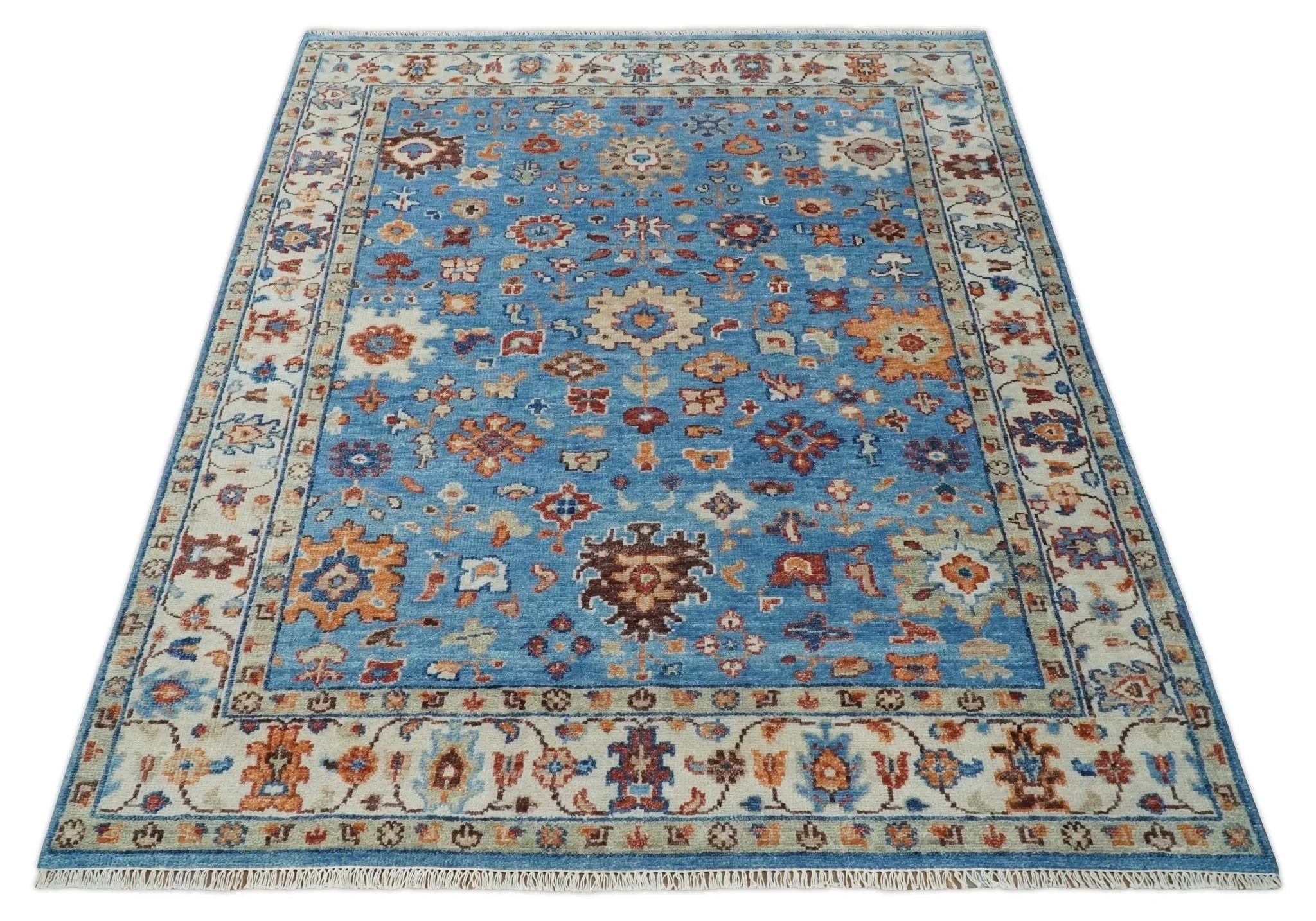 Hand Knotted Blue and Ivory Traditional Persian Turkish Oushak Wool Rug, 6x9, 8x10, 9x12, 10x14 and 12x15 | TRD2741 - The Rug Decor