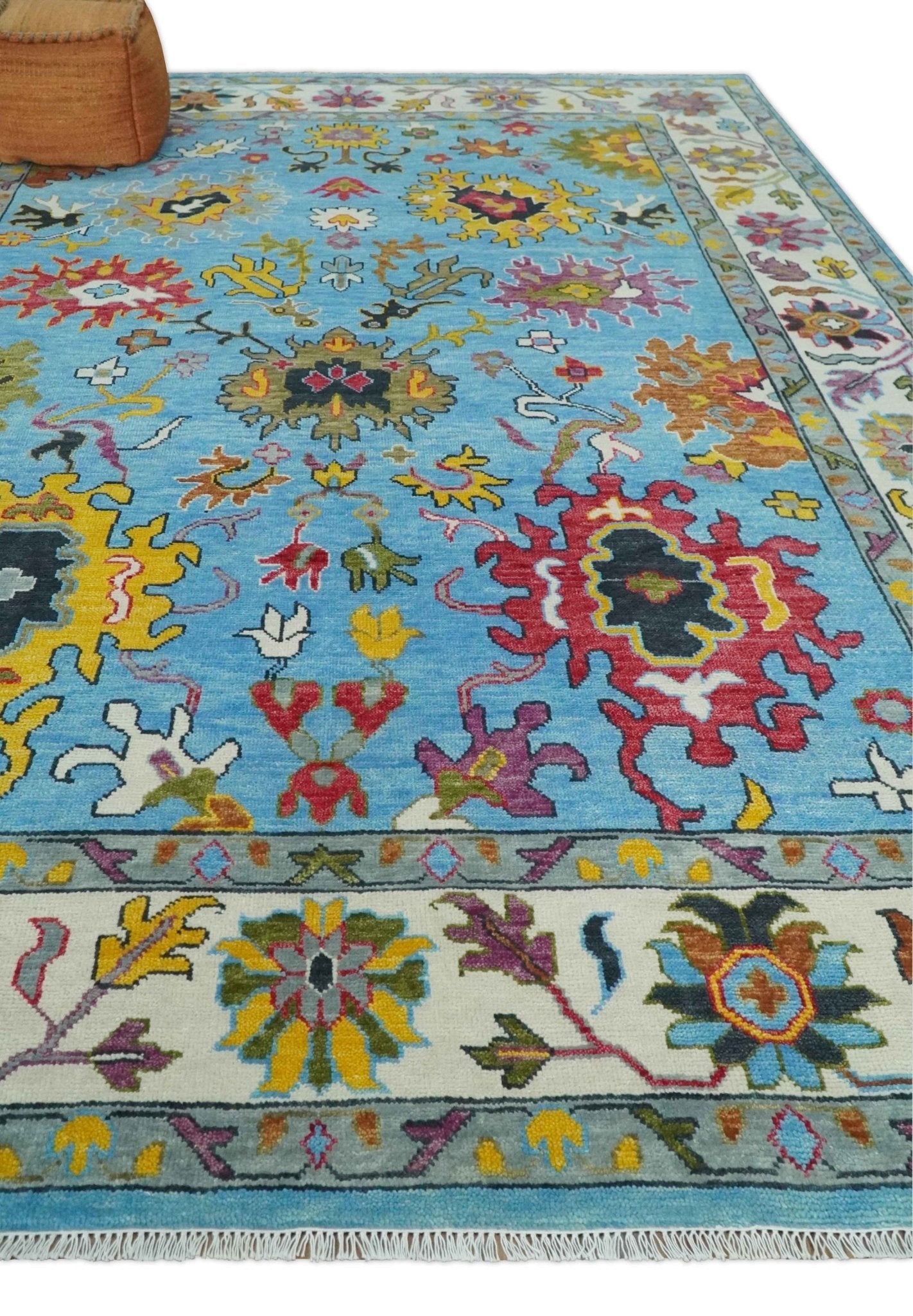 Hand Knotted Blue and Ivory Traditional Persian Turkish Oushak Wool Rug, 6x9, 8x10, 9x12, 10x14 and 12x15 | TRDCP1042 - The Rug Decor