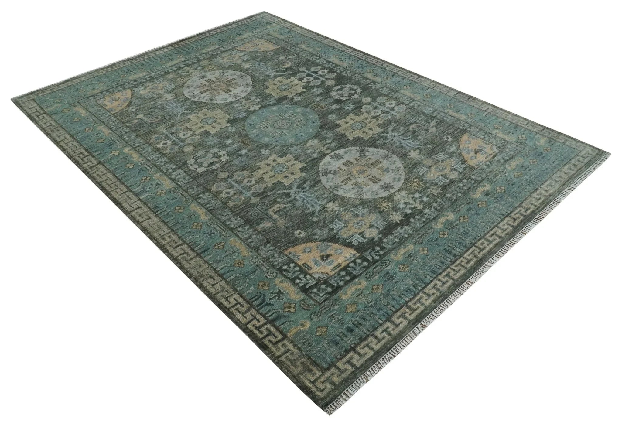 Hand Knotted Charcoal, and Aqua Oriental Khotan Multi Size Traditional Wool Area Rug - The Rug Decor