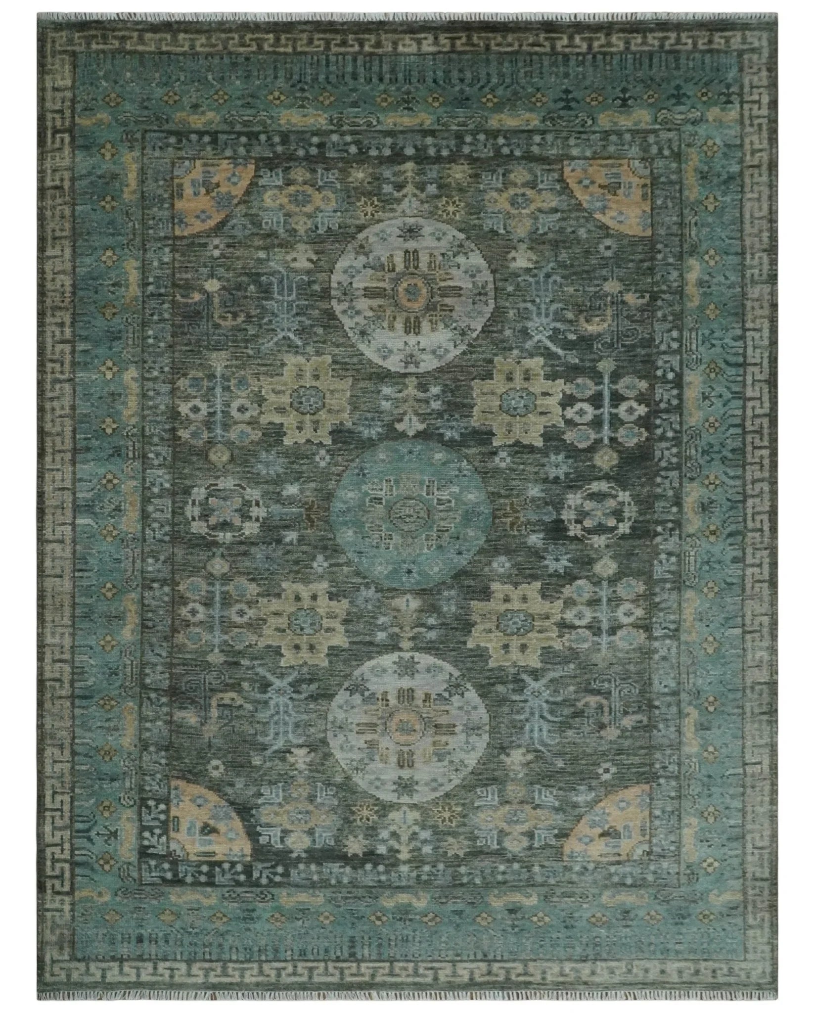 Hand Knotted Charcoal, and Aqua Oriental Khotan Multi Size Traditional Wool Area Rug - The Rug Decor