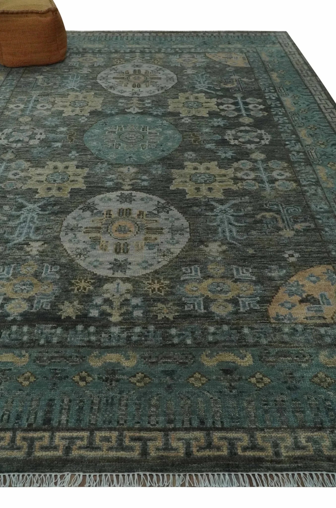 Hand Knotted Charcoal, and Aqua Oriental Khotan Multi Size Traditional Wool Area Rug - The Rug Decor