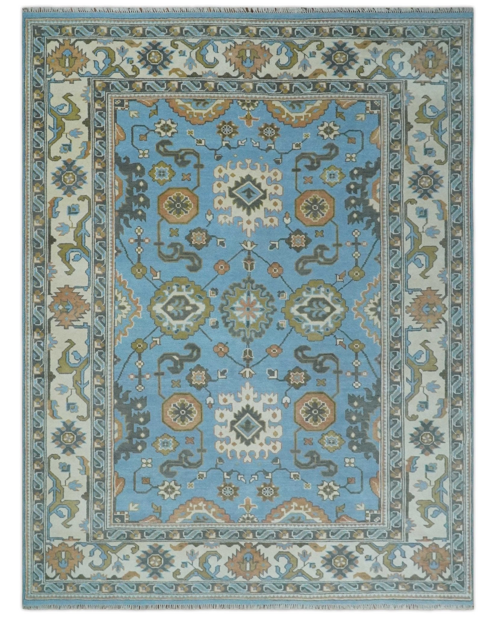 Hand Knotted Custom Made Blue and Ivory Traditional Oushak Wool Rug - The Rug Decor