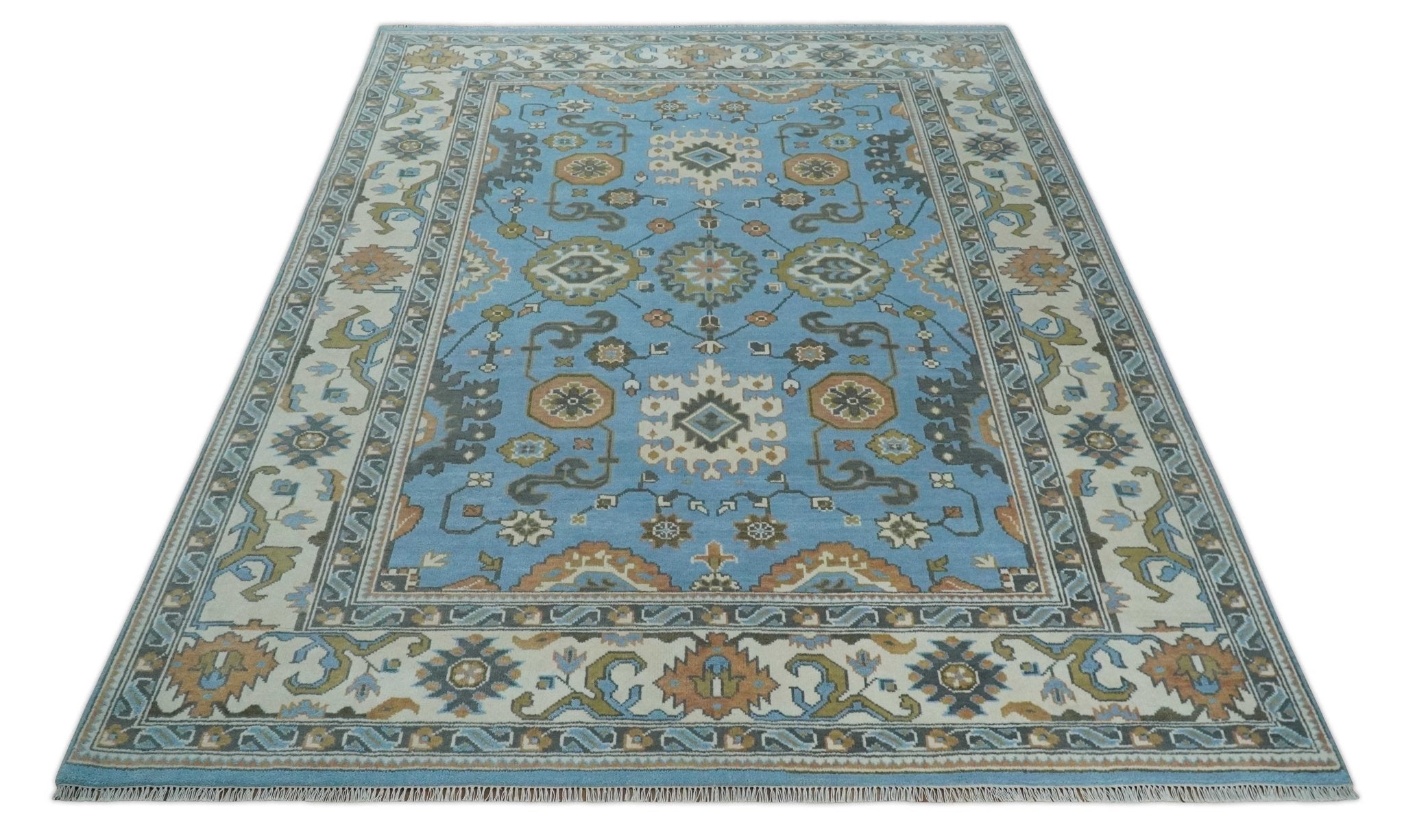 Hand Knotted Custom Made Blue and Ivory Traditional Oushak Wool Rug - The Rug Decor