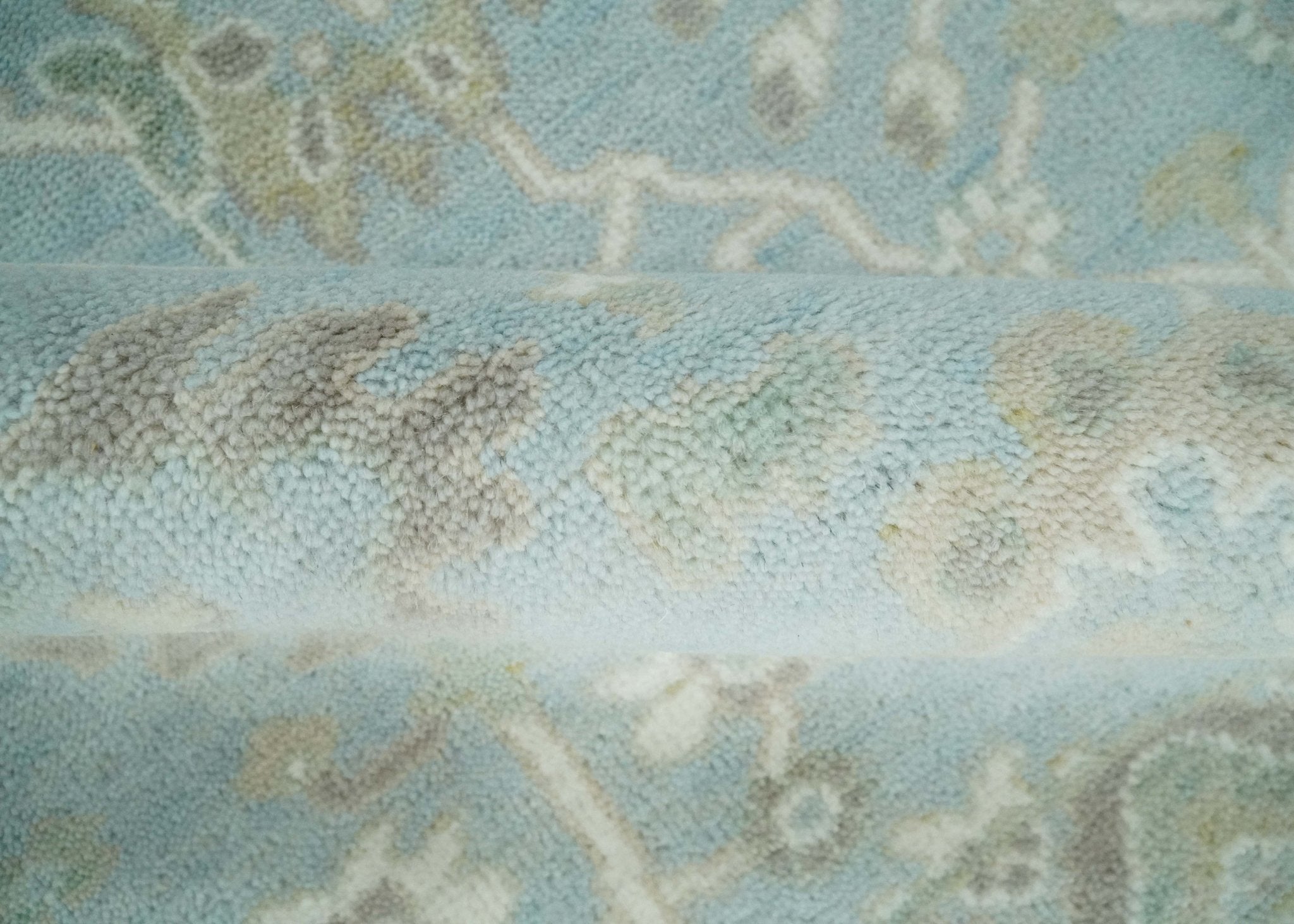 Hand Knotted Custom Made Oriental Oushak Aqua, Ivory and Beige Wool Area Rug