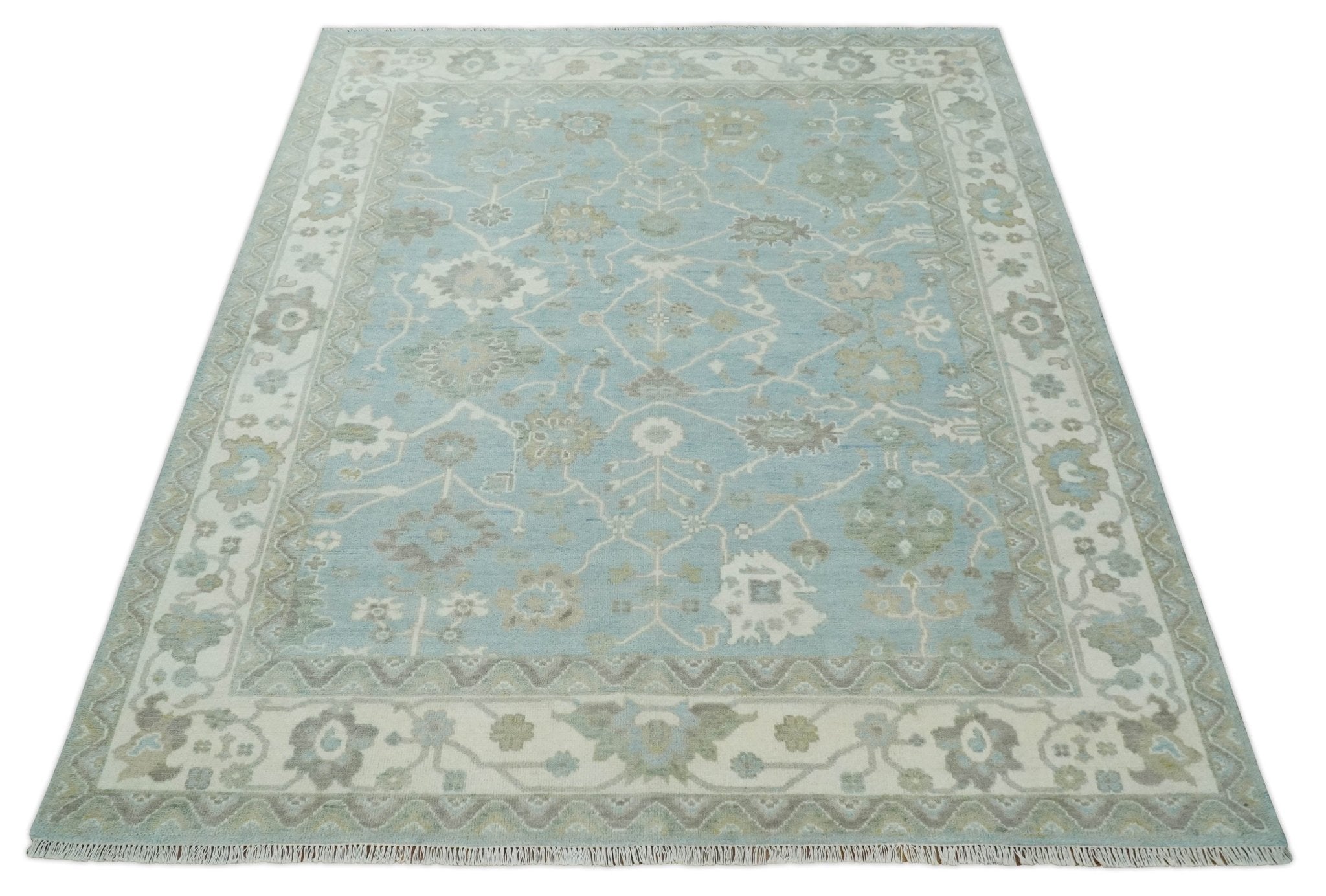 Hand Knotted Custom Made Oriental Oushak Aqua, Ivory and Beige Wool Area Rug