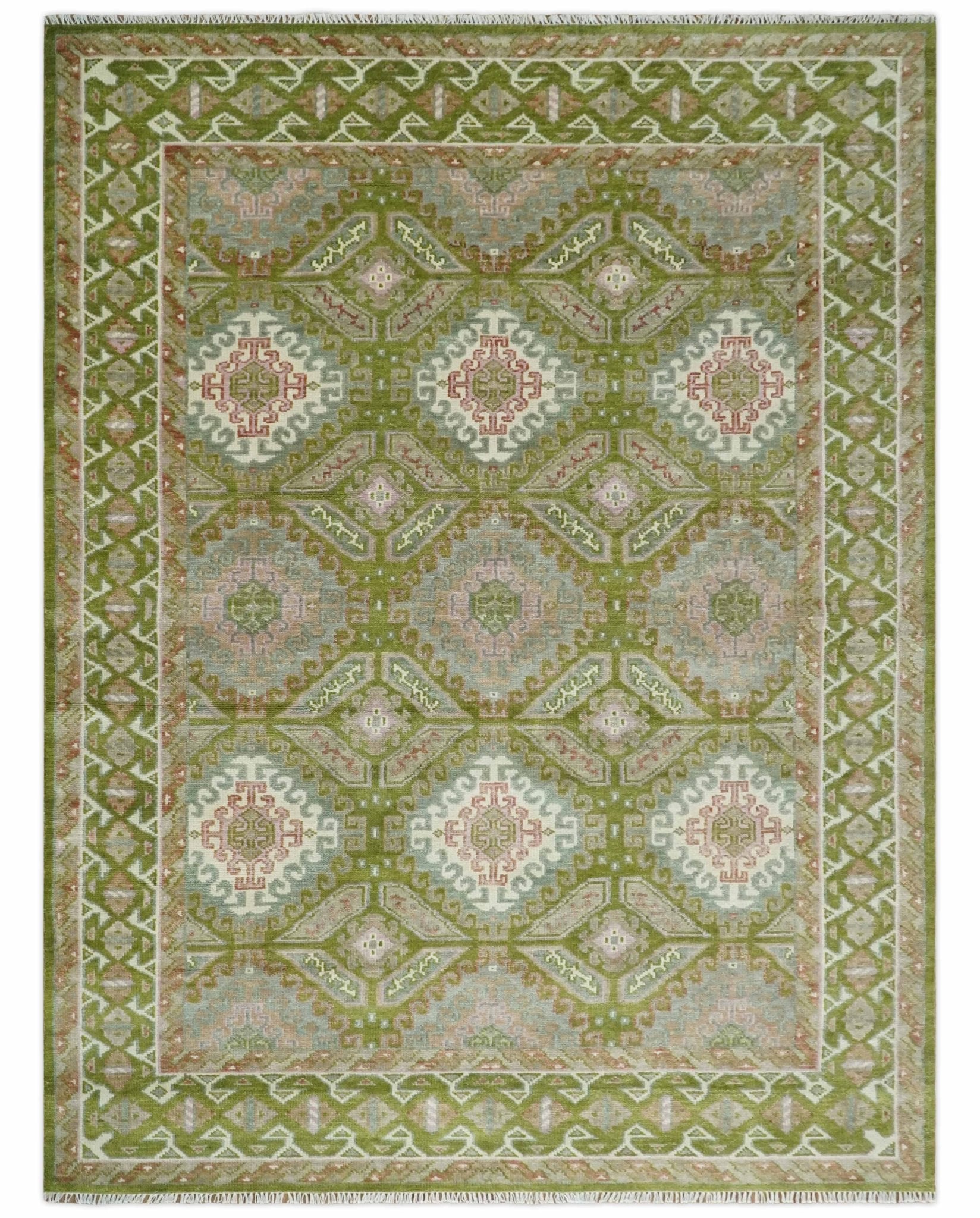Hand Knotted Green, Ivory and Silver Oriental Traditional 9x12 Wool Area Rug