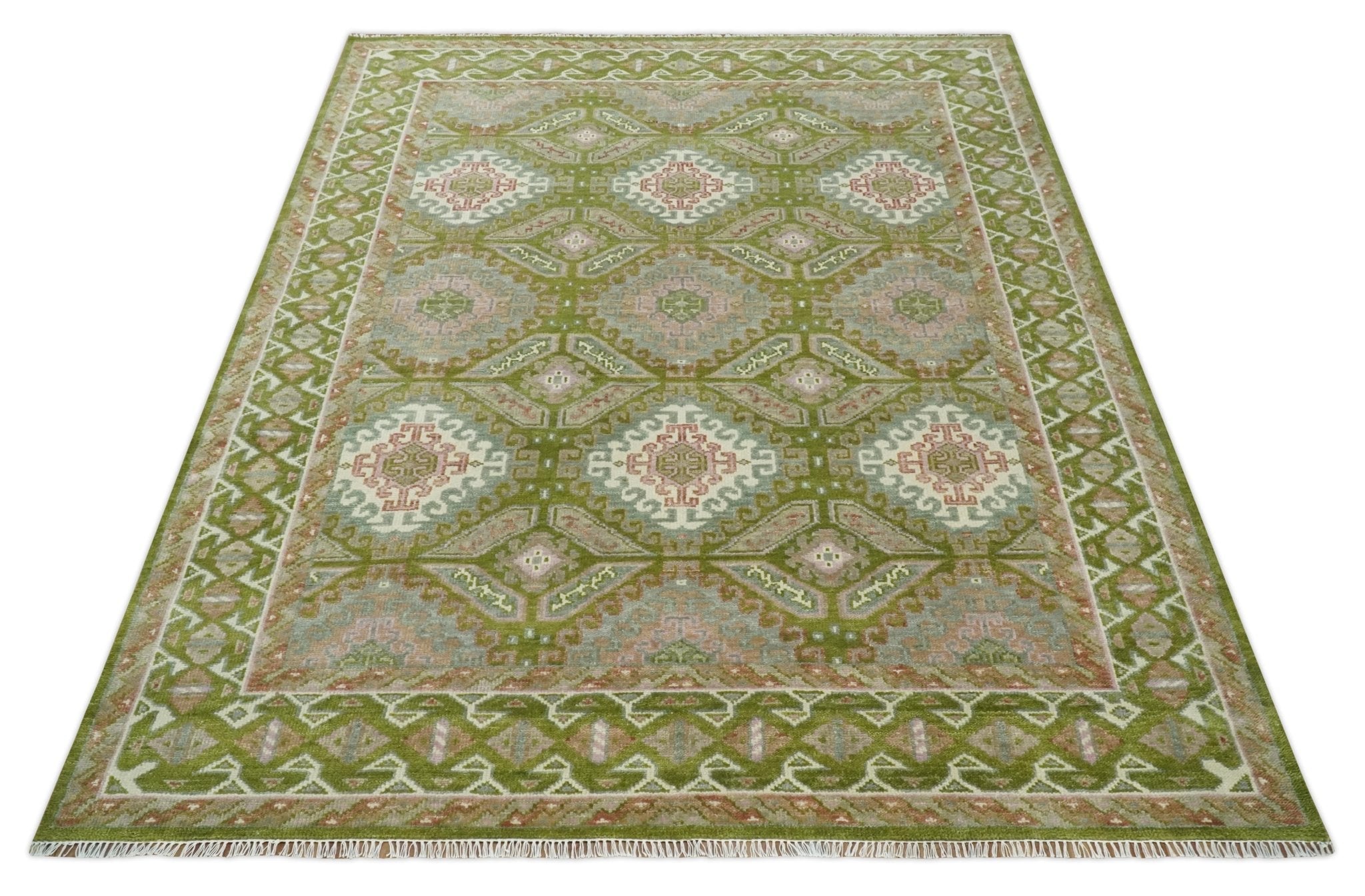 Hand Knotted Green, Ivory and Silver Oriental Traditional Multi Size Wool Area Rug