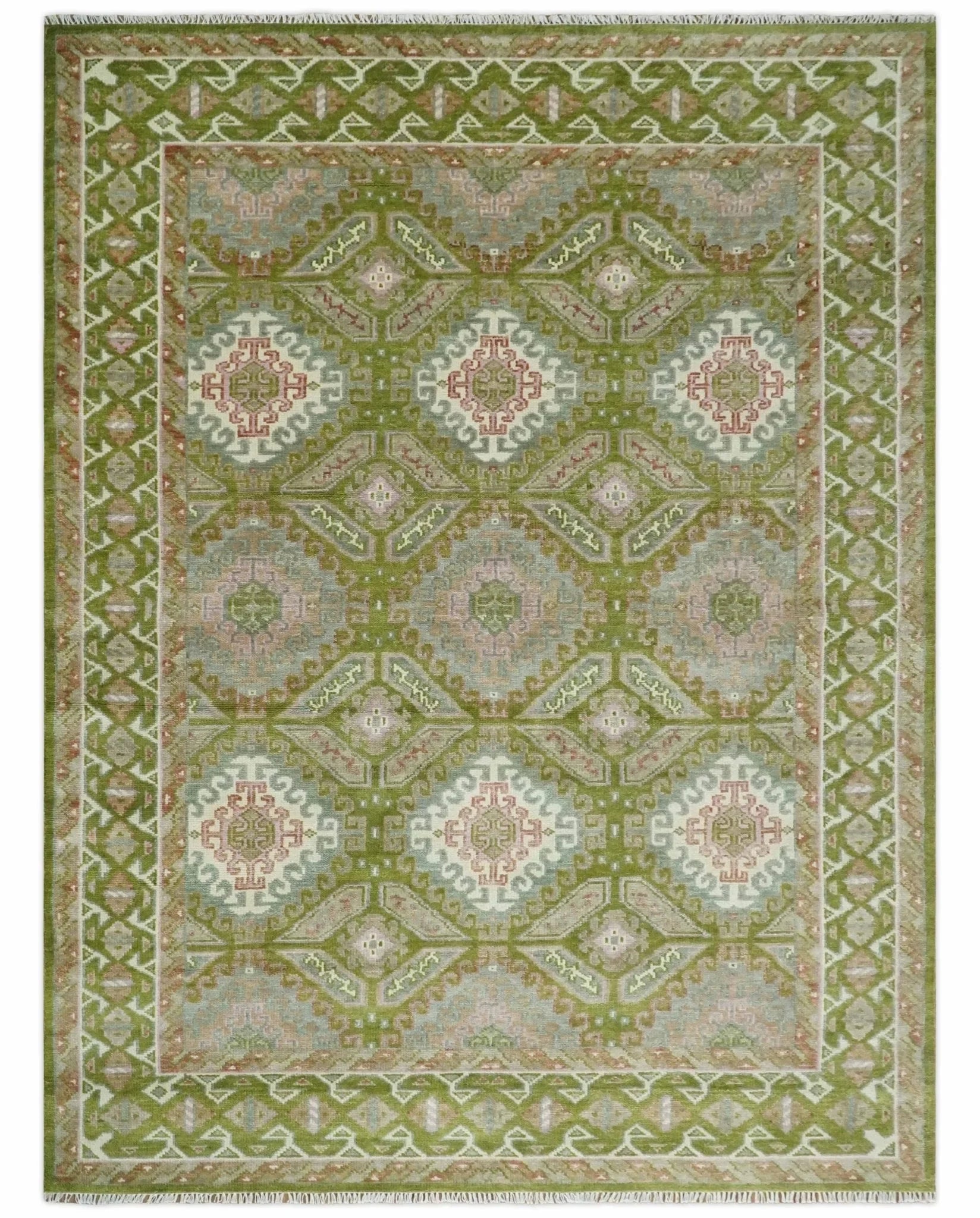 Hand Knotted Green, Ivory and Silver Oriental Traditional Multi Size Wool Area Rug - The Rug Decor