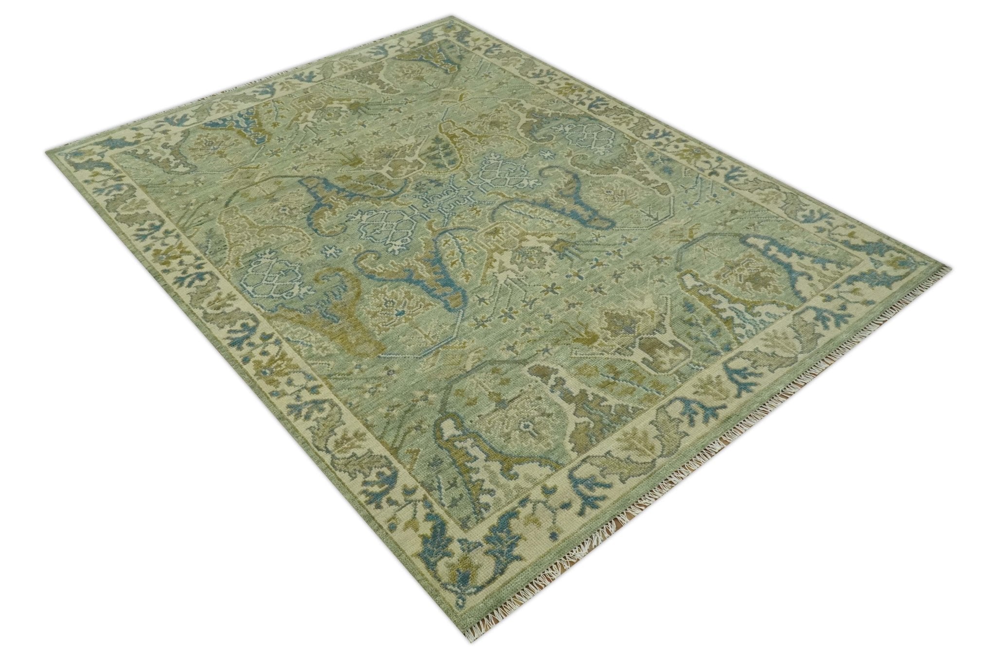 Hand Knotted Green, Olive and Teal Traditional Dragon Oushak Design 3x5 wool rug