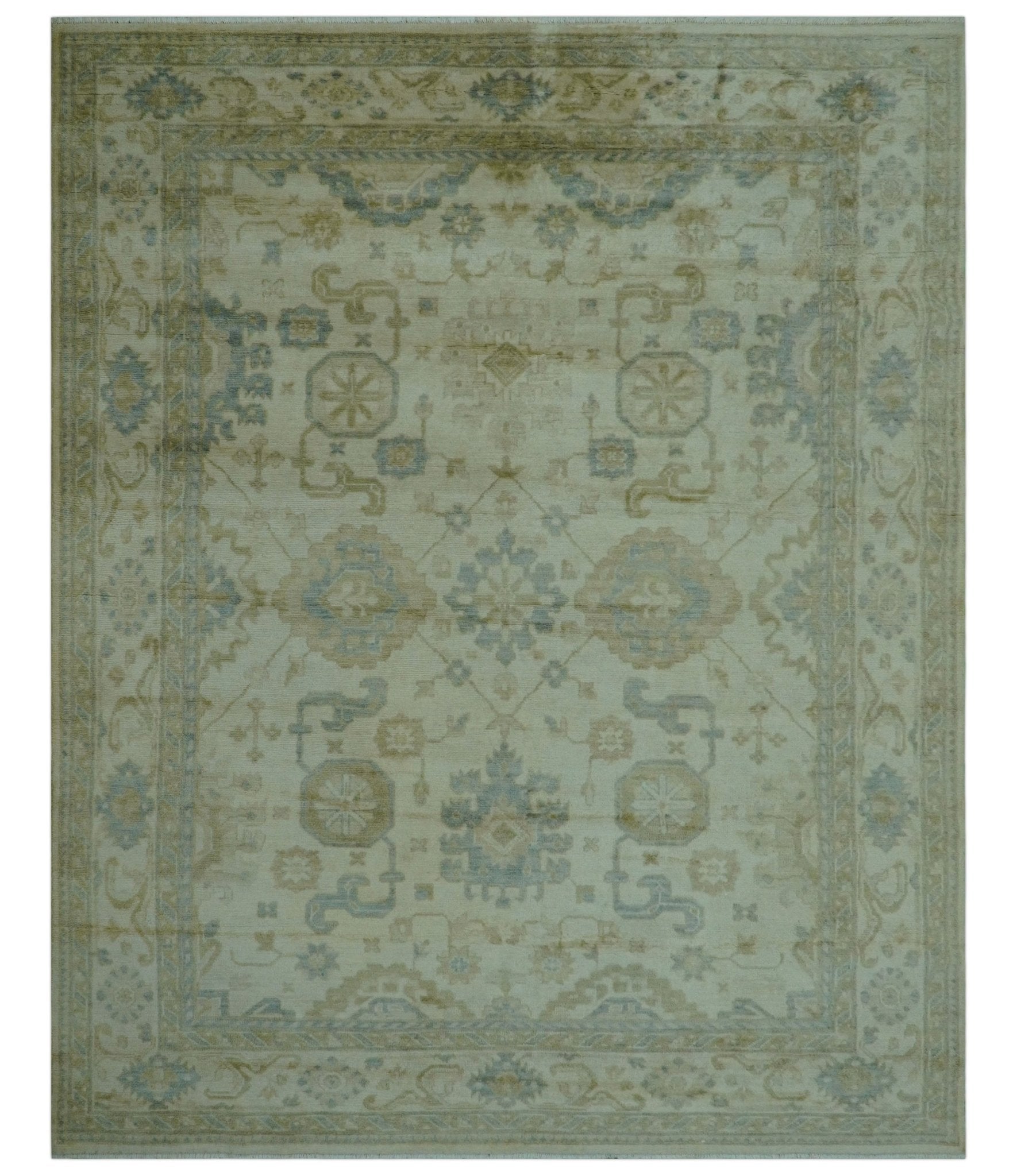 Hand Knotted Ivory And Blue Traditional Oushak Design 8x10 Wool Area Rug
