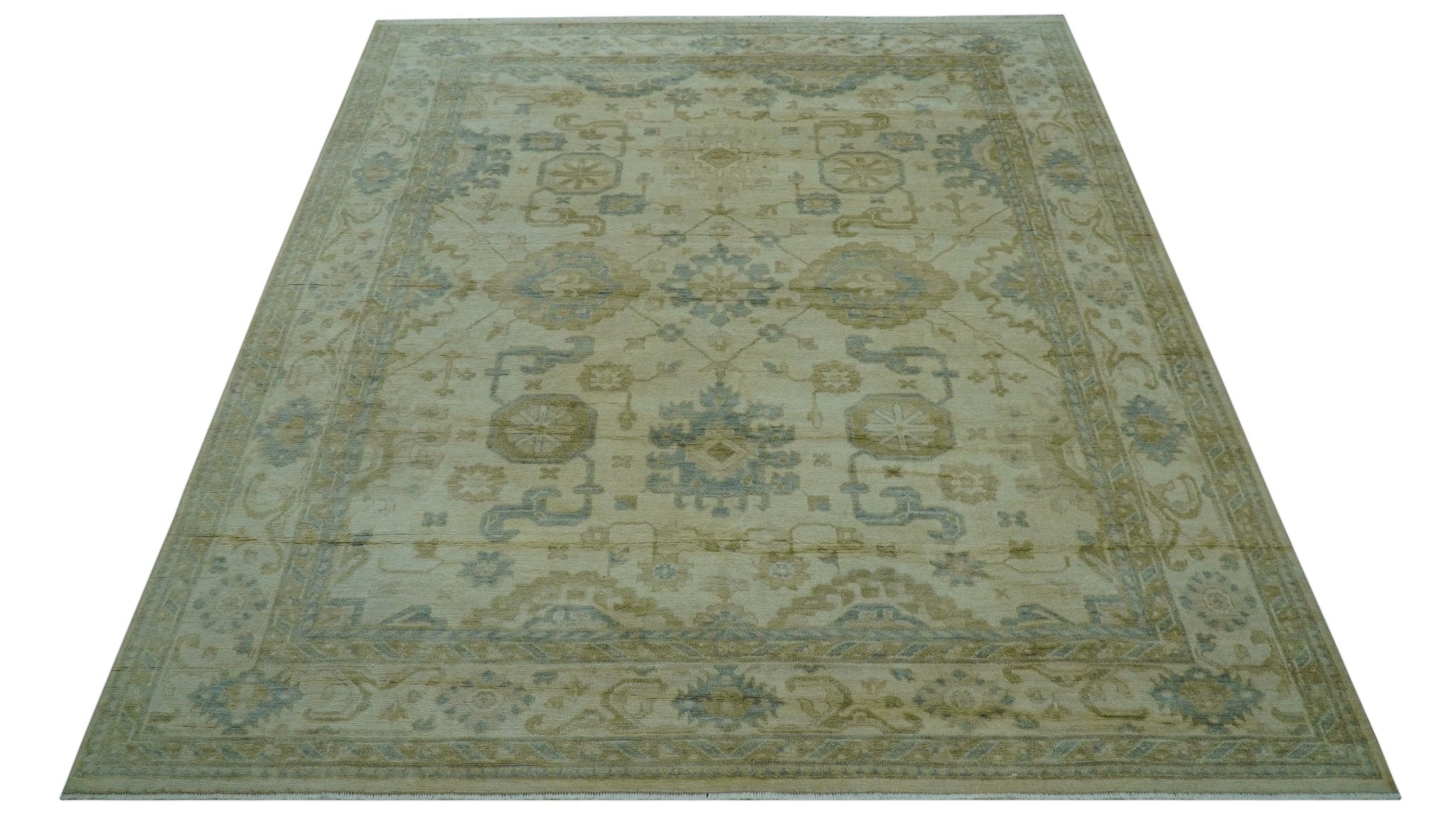 Hand Knotted Ivory And Blue Traditional Oushak Design 8x10 Wool Area Rug