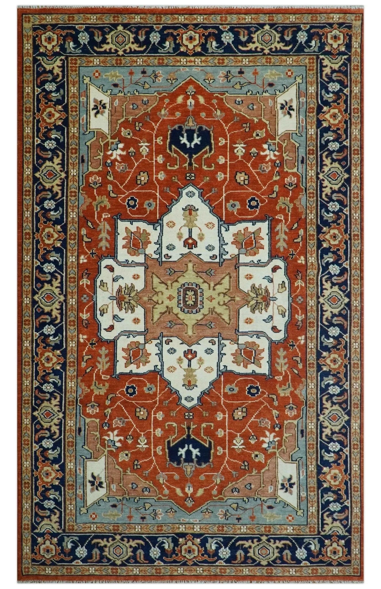 Hand Knotted Ivory, Blue and Rust Modern Traditional Heriz Serapi Multi Size Wool Area Rug - The Rug Decor