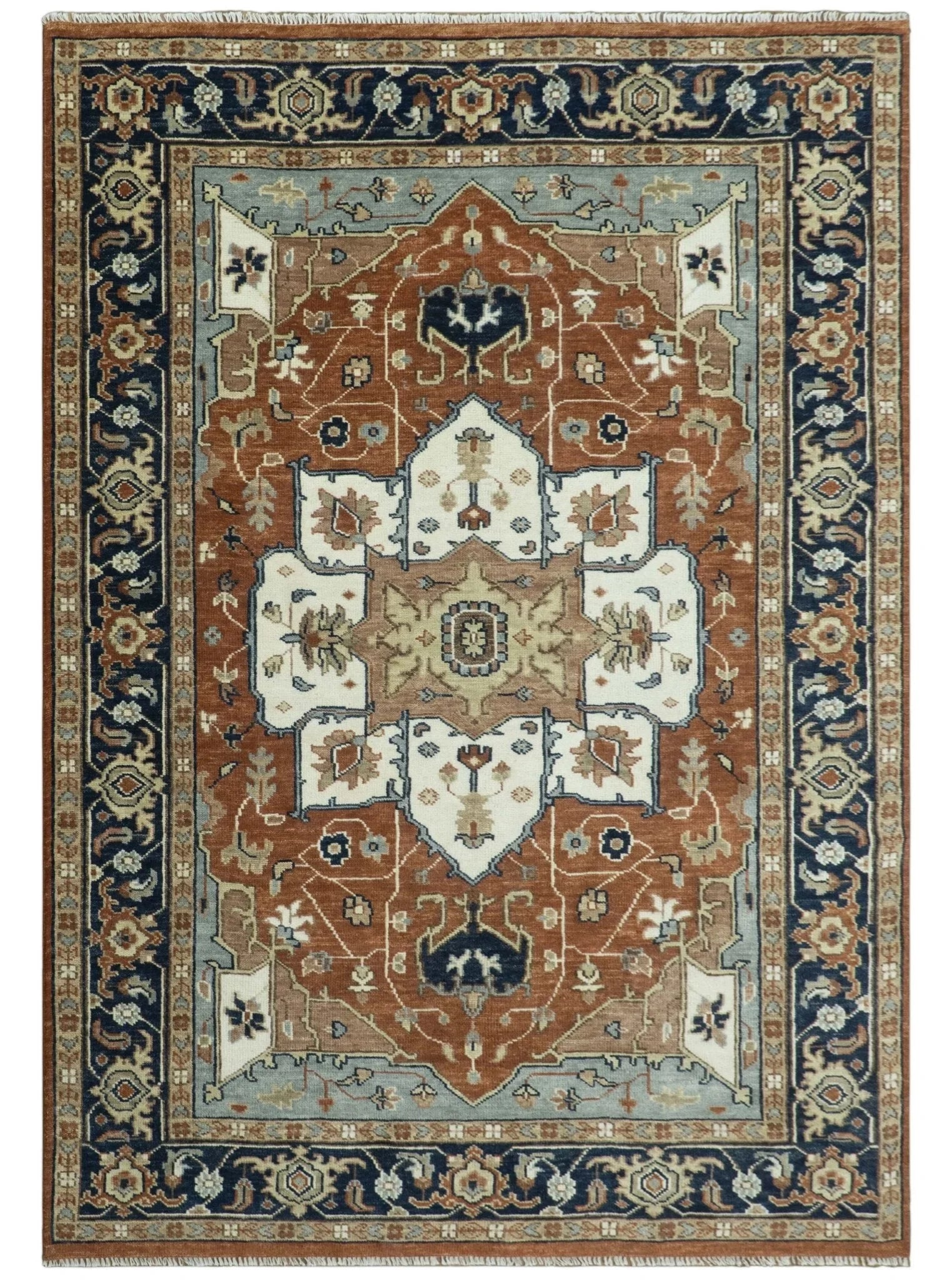 Hand Knotted Ivory, Blue and Rust Modern Traditional Heriz Serapi Multi Size Wool Area Rug - The Rug Decor
